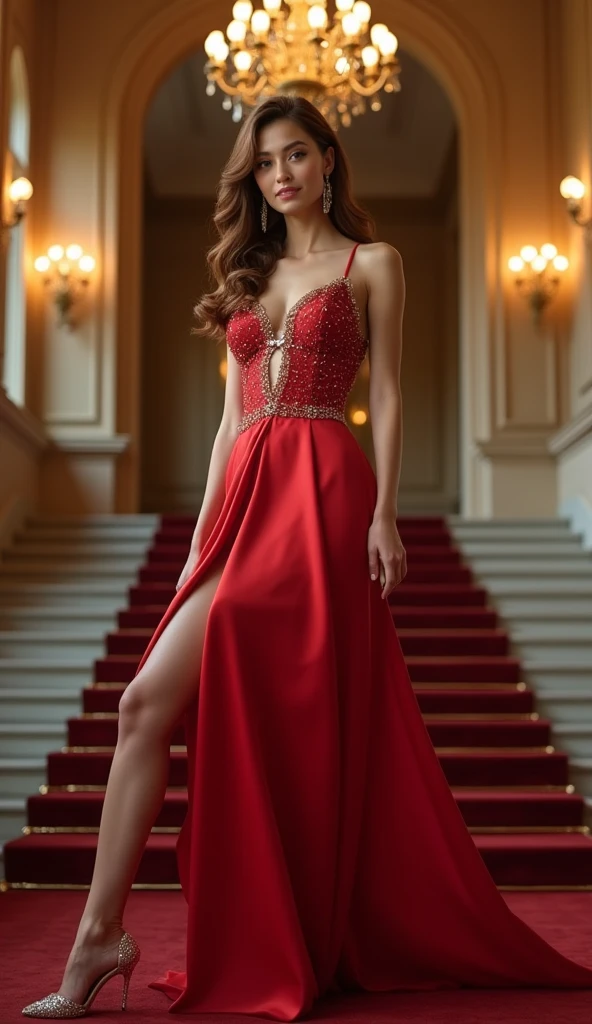 AMBER HEARD modelando como estrella de cine, ella tiene una pose de modelo parada, en noche de gala, Fitted flared dress with thin beaded straps and low-cut back, Vestido rojo, glamour, pelo rubio intenso, pelo suelto, Ojos azules, mirada seductora, sonrisa discreta, labios rojos, pechos naturales grandes, joyeria y tacones plateados, alfombra roja, premios oscar, cuerpo perfecto y fit, cuerpo completo, very detailed and symmetrical face, sin inperfecciones, ella es la reina de la noche, ella porta un tridente plateado, 8k alta calidad, Obra maestra, mejor calidad, Copa G, High Definition, extremadamente detallado, volumetric lighting, Fotorrealista