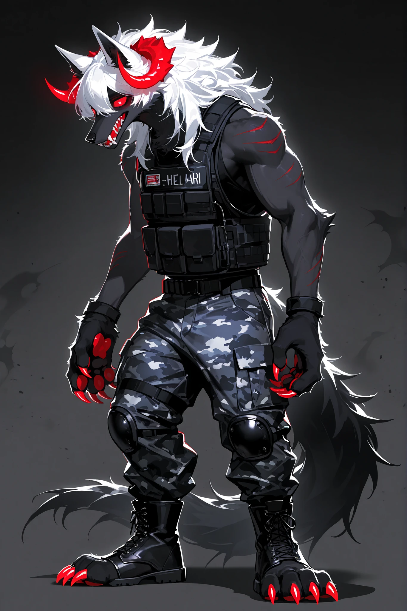 (Canine paws,xxx667_illu, paws pads, metacarpal paws pads,claws, detailed paws, [color] paws,)A tall furry demon who looks like a middle-aged man. He has darkest black furry skin, a strong, muscular build, and a broad-shouldered figure. He has a long neck and long pointed jackal ears, a long black wolf's bushy tail. He has sharp claws and dog paws. He has a pair of sharp devil horns on his head. He has scarlet sclera and black empty eyes. He has sharp sabretooth bite with golden fangs. He has short white hair. He is wearing a tattered black sleeveless T-shirt with claw marks, he has black army camouflage trousers with lots of straps and pockets, and high army ankle boots with scarlet lacing on his feet. He's wearing a black bulletproof vest.  on the background : an infernal kennel with cages where black hellhounds sit.