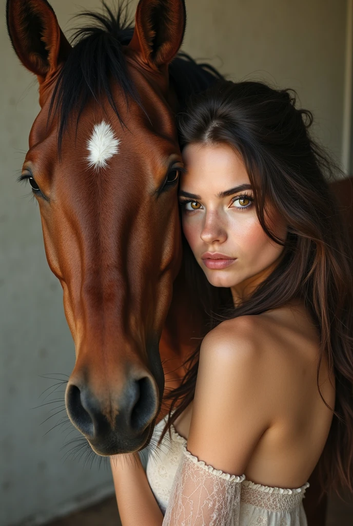 a nude woman riding a horse, beautiful detailed eyes, beautiful detailed lips, extremely detailed eyes and face, long eyelashes, realistic, photorealistic, photo-realistic:1.37, (best quality,4k,8k,highres,masterpiece:1.2),ultra-detailed, vivid colors, studio lighting, physically-based rendering, professional, portrait