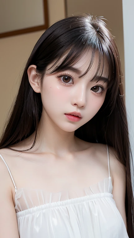 best quality, 8K, Detailed facial depiction, Detailed eye description, brown hair, Korean beauty, 16 years old, Slim, big breasts, Big bottom, long shoot