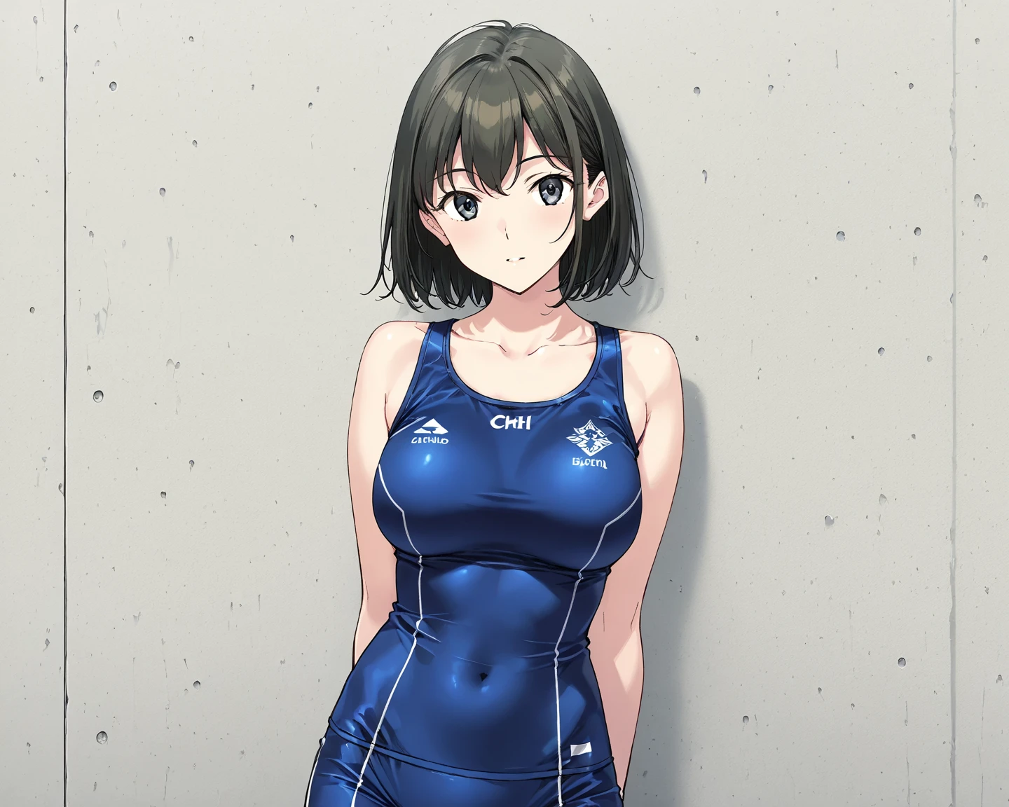 High quality、highest quality、complete limbs、Ultra high definition、Shining eyes、Full hands and fingers、slender beauty、bob cut、Wearing a school swimsuit、shiny skin、hold your butt、expression of pain