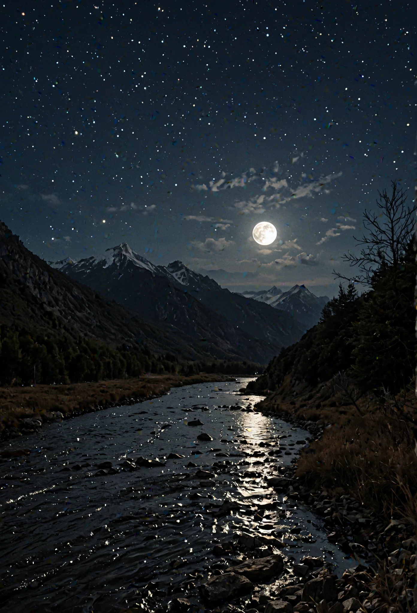 A dark night sky with a full moon, between a river mountains a night landscape that brings calm and peace