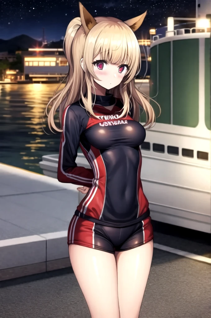 masterpiece, best quality, 1girl, solo,
mirika, hoshizaki rika \(kanojo mo kanojo\), green eyes, tsurime, eyelashes, blonde hair, long hair, twintails, sidelocks, fang, large breasts, 
outdoors, racing, motor vehicle, tire, confetti, revealing clothes, race queen, shiny clothes, navel, jacket, cropped jacket, short sleeves, clothes writing, latex, latex bra, latex shorts, shiny skin, 
looking at viewer,
standing, 
blush, smile, one eye closed, ;d,