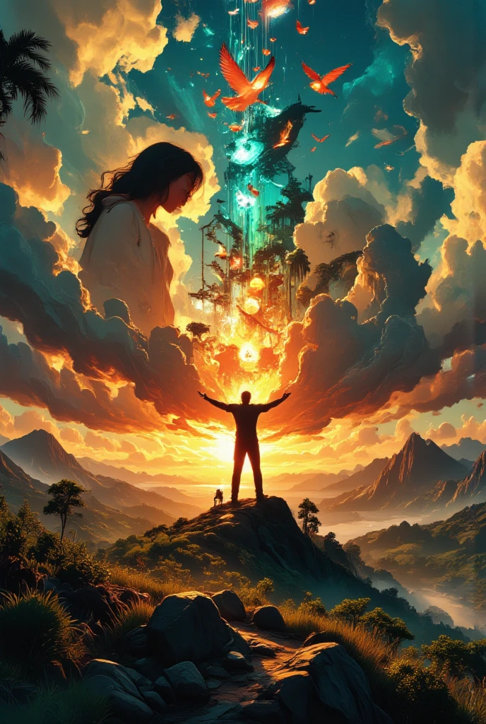 Dramatic anime-style panoramic scene, man standing on a hill at sunrise, arms open to the sky, flock of glowing birds flying from his chest, powerful energy, silhouette of a woman like a shadow on his back, vibrant tropical colors, feeling of liberation and love