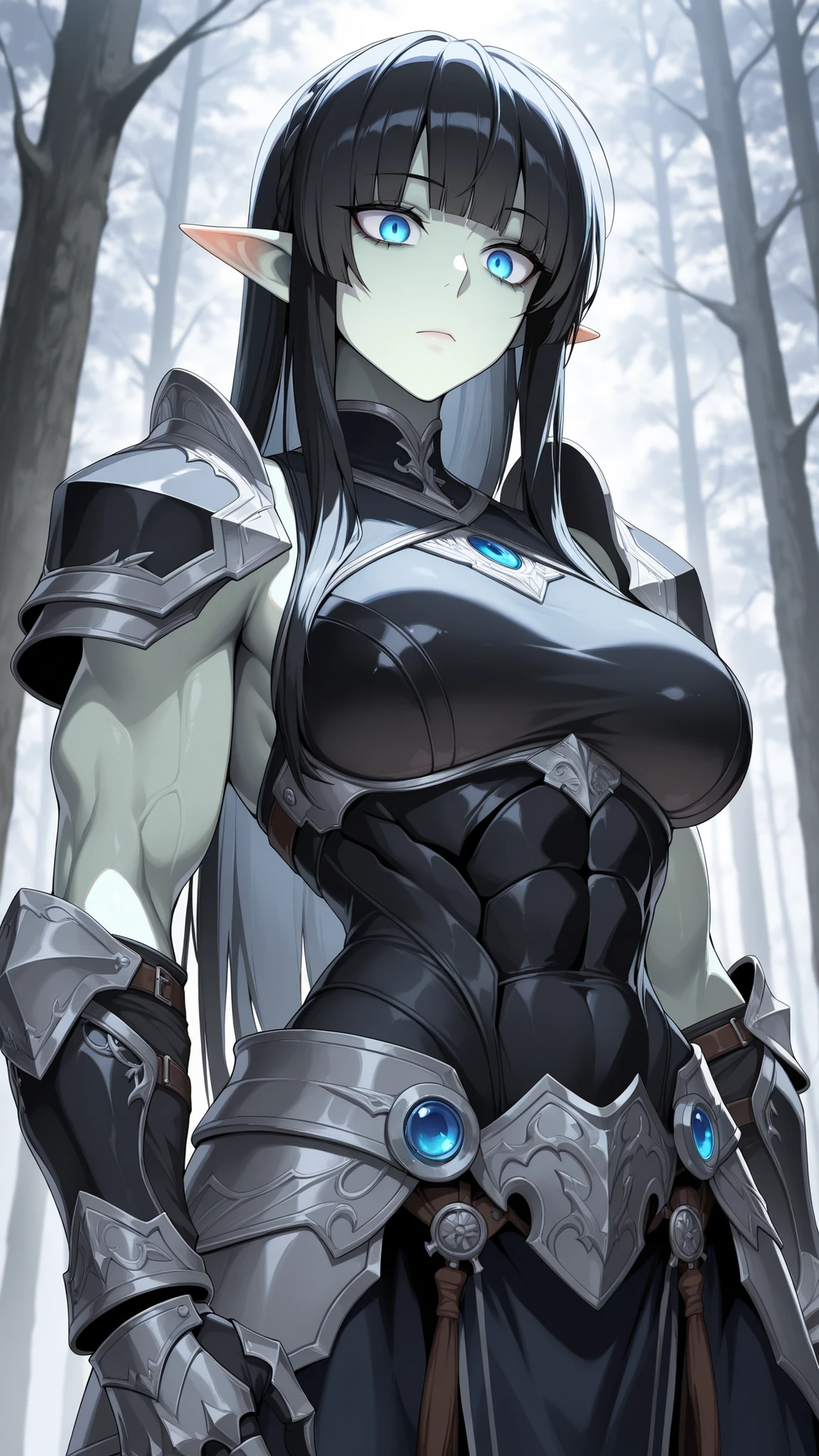 absurdres, (((Ultra HD))), (((Ultra High Quality))), ((hyper detailed)), ((Ultra High Resolution)), (Highly rendered), ((detailed eyes)), (((8K))), ((perfect face)), ((masterpiece)), 1girl, solo, tall, green skin skin, pointed ears, blue eyes, black hair, blunt bangs, straight hair, emotionless, medium breasts, sleeveless, muscular, full viking armor, black under armor, gauntlets, pauldrons, fur lining, forest background