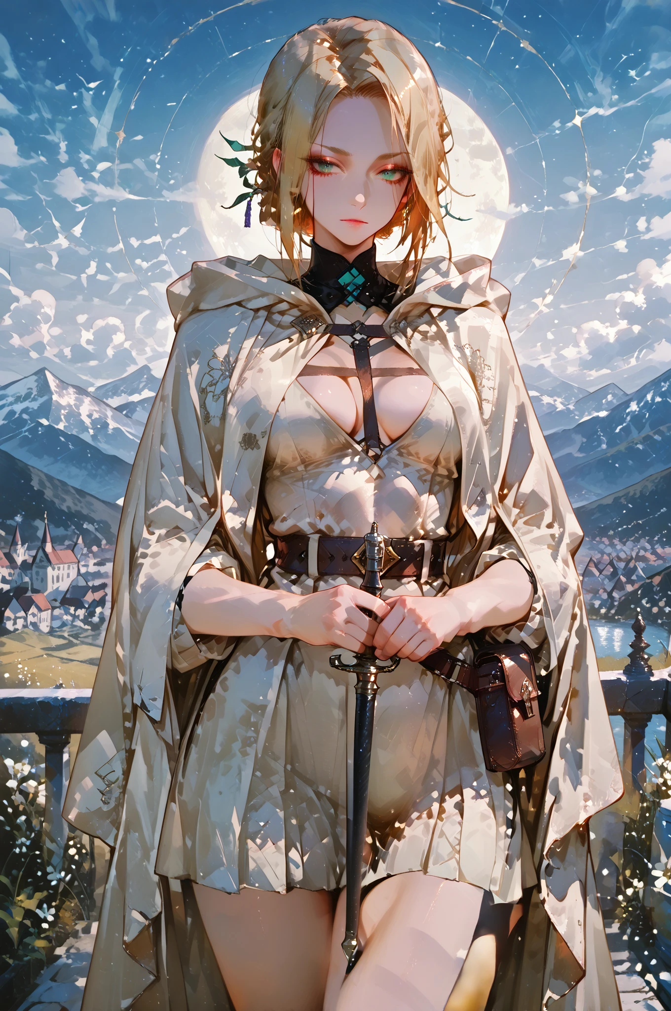 Shokolade, jormugand Shokolade, athletic toned body, ginger hair, wears a blue sensual uniform a cloak that drapes over giving off a fantasy vibe. Straps and belts wrap around the chest and waist, securing a pouch at their side. The chest area of the garment is notably worn and frayed, a long rapier in hands, gentle expression, color palette adds depth to the scene, evoking a sense of luxury and fantasy