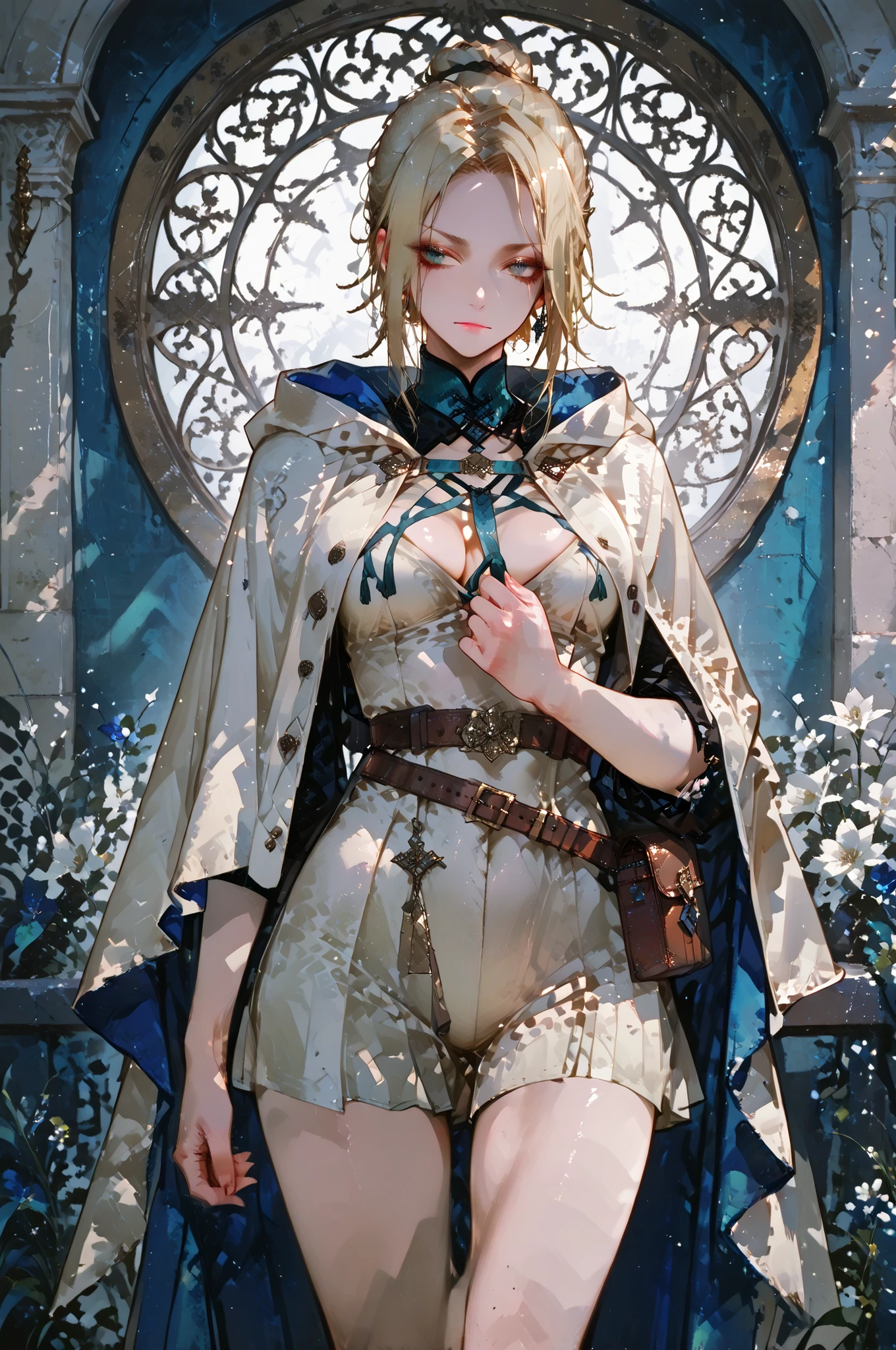 Shokolade, jormugand Shokolade, athletic toned body, ginger hair, wears a blue sensual uniform a cloak that drapes over giving off a fantasy vibe. Straps and belts wrap around the chest and waist, securing a pouch at their side. The chest area of the garment is notably worn and frayed, a long rapier in hands, gentle expression, color palette adds depth to the scene, evoking a sense of luxury and fantasy