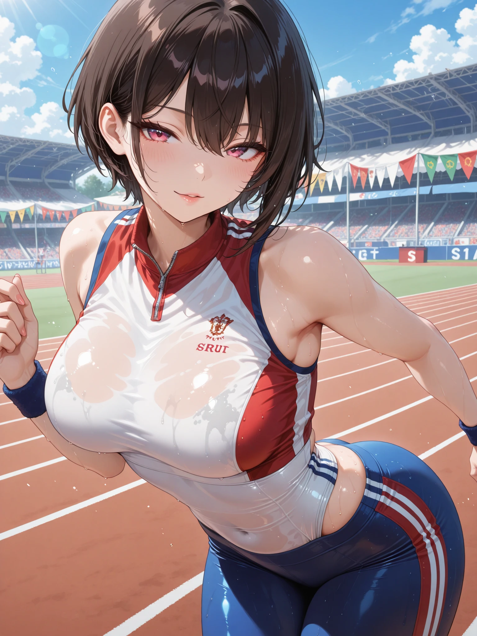 (8k, RAW photo, best quality, masterpiece, soft cinematic lighting, soft color:1.4),(ideal ratio body proportions:1.8),(from side:1.6),(looking at viewe:1.6),(beautiful eyes focus:1.7), (realistic), (athletics stadium background:1.4), (solo, mature woman,19years old,super beautiful face,super detaild beautiful brown eyes :1.8), (detaild athletics uniforms:1.4),(show off nipple:0.5),(embarrassed,red Cheeks:1.25),long hair, {{slicked back hair}}, white blonde color hair, clean skin, (smaller butt:0.5),(coverd nipple:0.9),(sagging huge long wide heavy breasts:1.5),(under boob:1.6), (very skinny :1.5),(open mouth:1.3),(lying,on back:0.5),(heavy breathing:1.5)