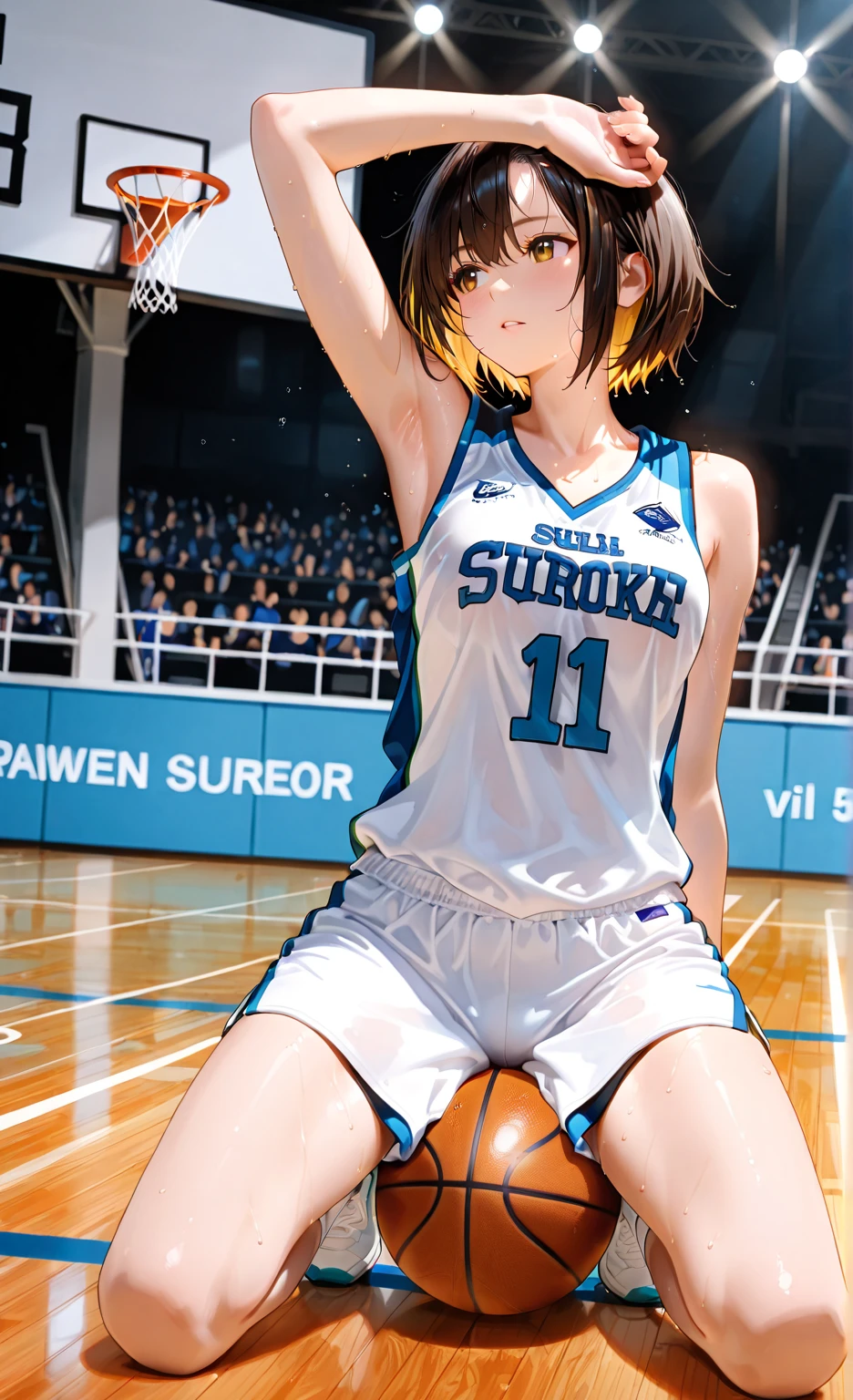 semi-realistic anime-style petite girl wearing a sweat-soaked basketball jersey and shorts, poised mid-jump preparing to shoot a basketball. Her skin glistens with sweat, highlighting smooth, slightly glossy texture,
Her short hair is damp and clinging to her forehead, eyes focused intensely on the hoop. Muscles on her arms and legs are subtly defined through the tight, damp fabric of her sportswear,
The basketball is just leaving her fingertips, with dynamic motion blur emphasizing the speed and grace of the shot,
Background is a brightly lit indoor basketball court, polished wooden floor reflecting overhead lights, blurred audience and scoreboard visible,
Lighting creates sharp highlights and shadows emphasizing her athletic form and motion, with a slightly blurred depth of field to make her the clear focal point,