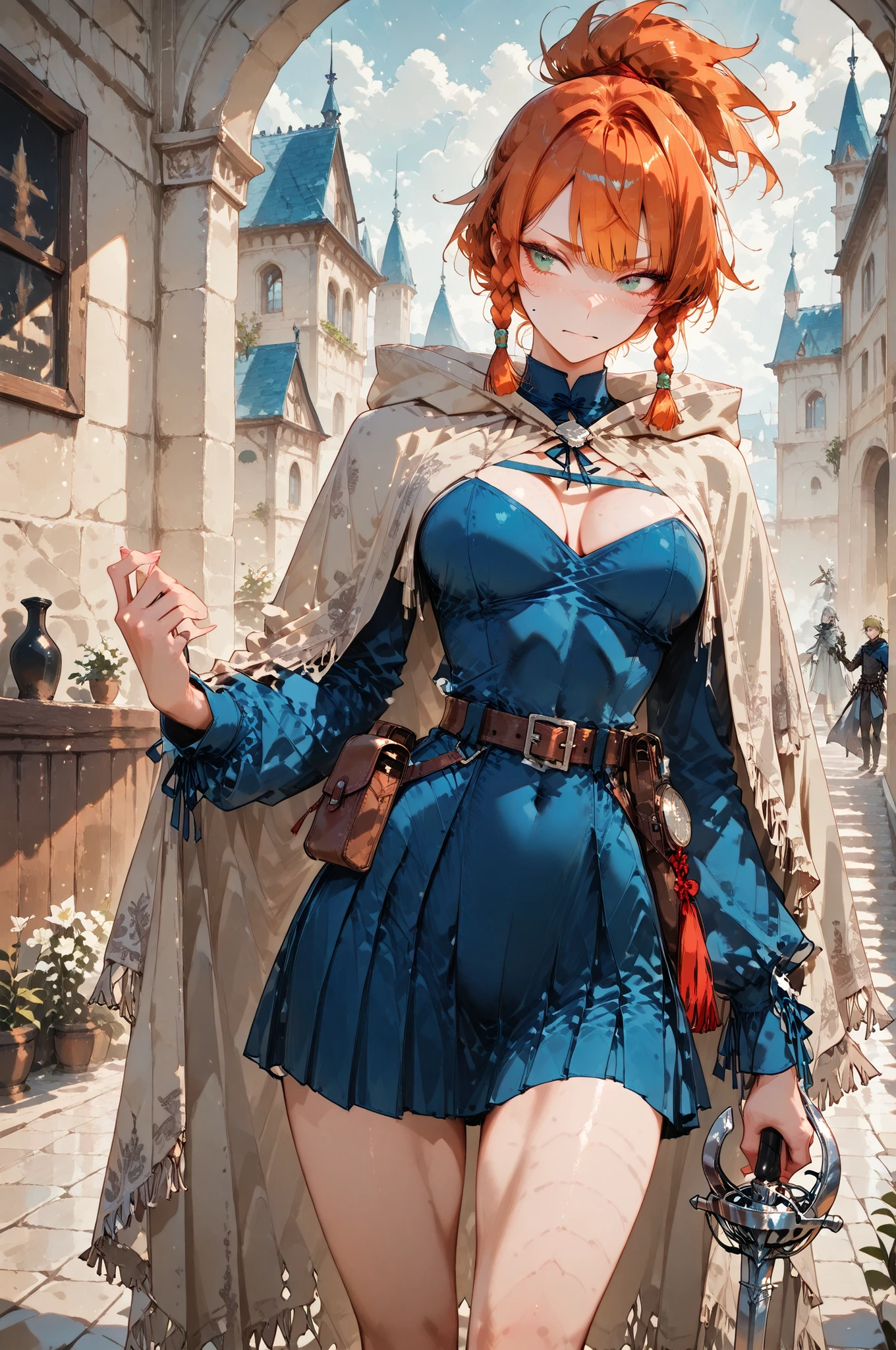 Shokolade, jormugand Shokolade, athletic toned body, ginger hair, wears a blue sensual uniform a cloak that drapes over giving off a fantasy vibe. Straps and belts wrap around the chest and waist, securing a pouch at their side. The chest area of the garment is notably worn and frayed, a long rapier in hands, gentle expression, color palette adds depth to the scene, evoking a sense of luxury and fantasy