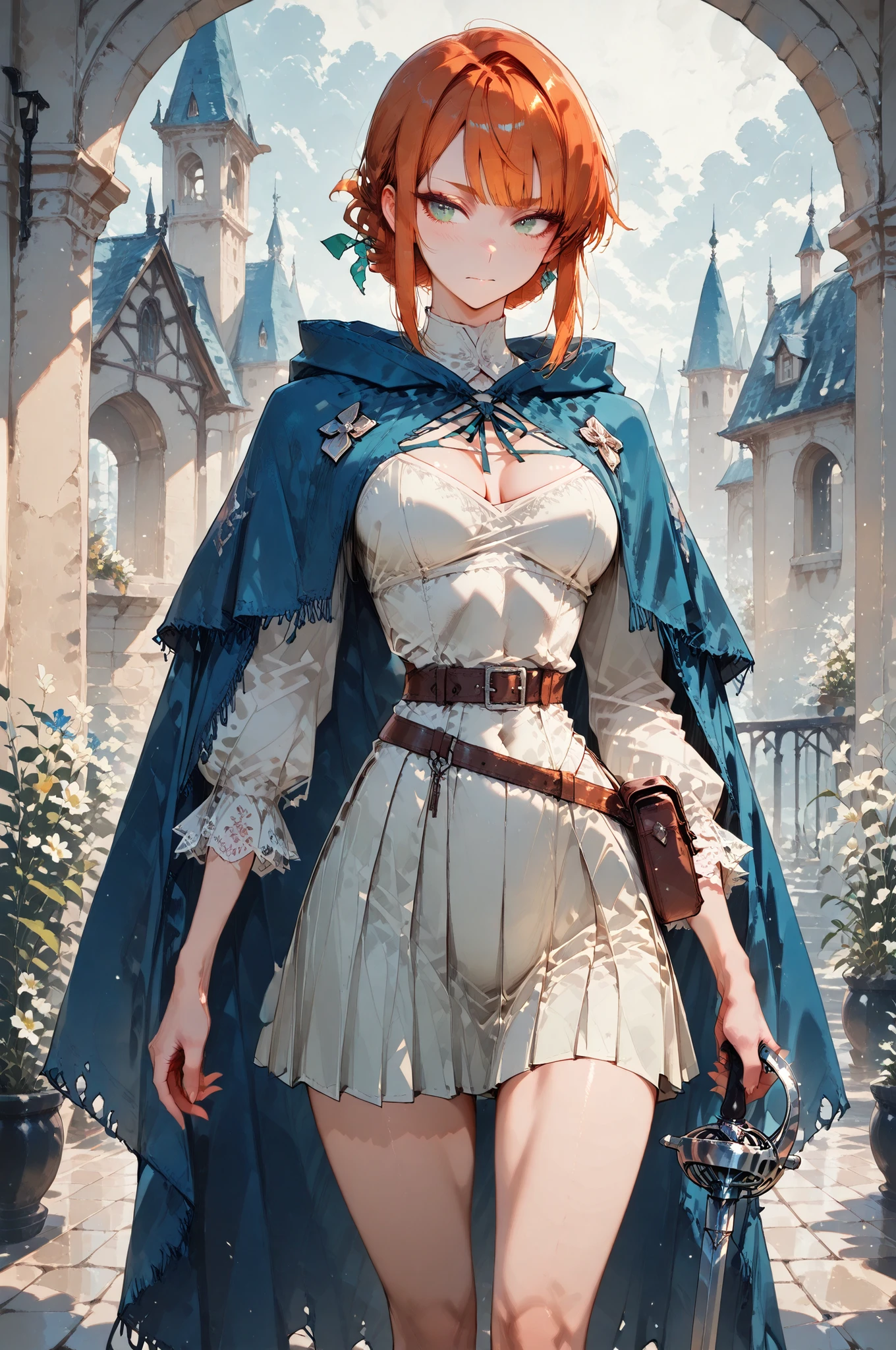 Shokolade, jormugand Shokolade, athletic toned body, ginger hair, wears a blue sensual uniform a cloak that drapes over giving off a fantasy vibe. Straps and belts wrap around the chest and waist, securing a pouch at their side. The chest area of the garment is notably worn and frayed, a long rapier in hands, gentle expression, color palette adds depth to the scene, evoking a sense of luxury and fantasy