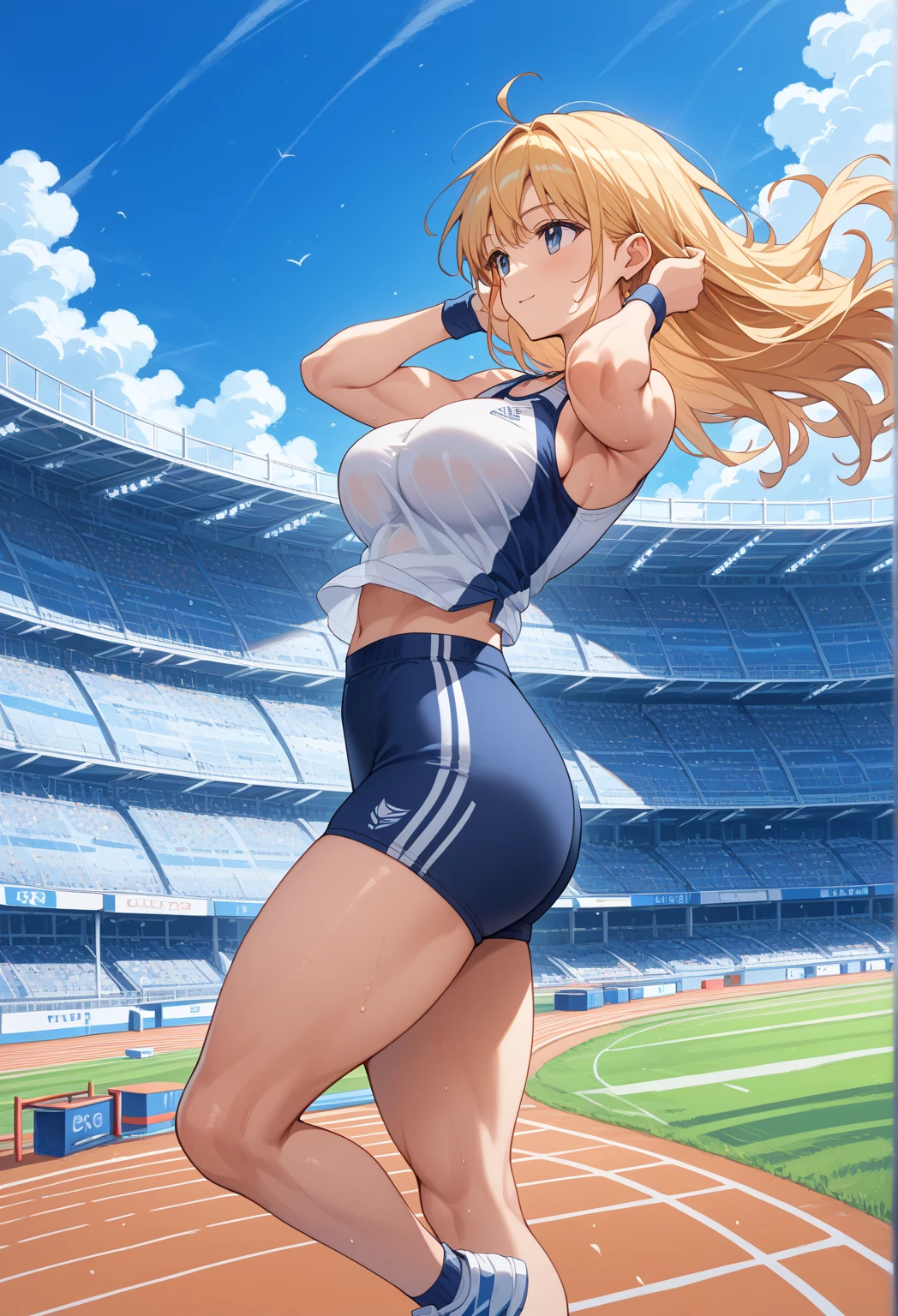 ((highest quality)), ((masterpiece)), (detailed), (Character Focus、breast focus,whole body), (One Girl: 1.1)、Anime 2D Rendering, Realistic young anime woman, Five Fingers, Perfect Face, Beautiful fine details, Beautiful body, Beautiful thighs, Beautiful feet, White beautiful skin, Baby Face、 16-year-old girl、 Golden Hair、(ponytail), Sparkling blue eyes、double eyelid、 (sports bikinis)、 smile、((Grin))、可愛い顔と魅惑的なsmile,Turn your face and body towards the viewer、Sexy pose、Are standing、Athletics Stadium