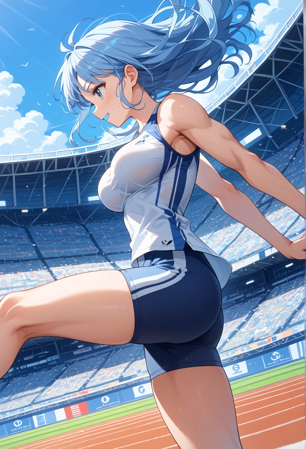 best quality, high quality, 16K, Unbelievably ridiculous, Very detailed, 2.5D, Delicate and dynamic, Blue sky, Track and field arena，Get ready to start, crowd, audience, athlete&#39; Admission, A lot of people々, Gentlemen.々Race, Gentlemen.々age, men and women, Gentlemen.々nationality, Many flags, Ignite the Flame