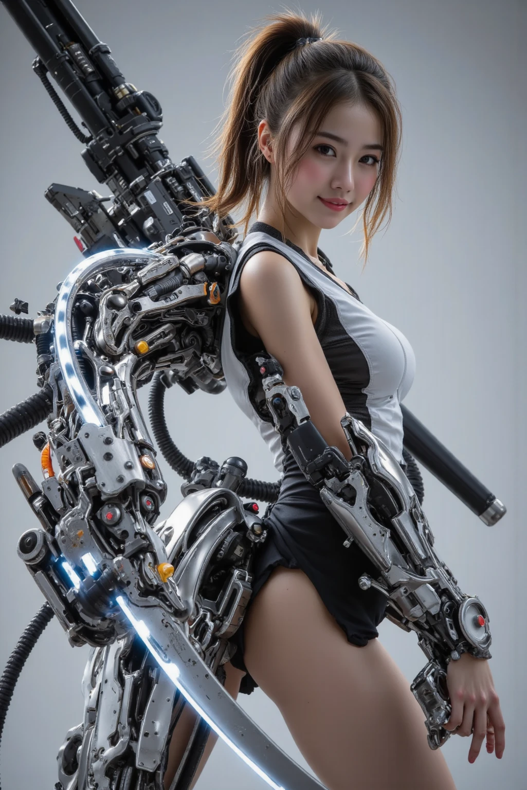 masterpiece、((black sweater))、 ((plug suit)), ((beautiful girl:1.2))、no arms、no clavicle、bare shoulders、mechanized body、Mechanized chest and abdomen、mechanized occiput、Mecha leg rack metallic suit that fits perfectly to the body、 Are standing、tied up、金属robot、((cyberpunk background))、(neon light)、(Futuristic machine factory background)、Cyberdyne、artificial body、All metal body、ironwork、abdominal mechanism、((robotアームとハンド))、((robotの足))、((machine neck))、Inside the spaceship、beautiful girl、16 years old、asian beauty, (Actuator and cable exposed from abdomen.、金属製robotの首から胴体までつながっている、Complex 3d rendering beautiful porcelain profile super get used to itd female android face、cyborg、robot部品、150mm、Soft light in a beautiful studio、rim light、vivid details、gorgeous cyberpunk、Ren Hao、超realistic、anatomical、facial muscles、cable wire microchip、elegant、beautiful background、octane rendering、HR giger style、8K、highest quality、masterpiece、enlightenment、very delicate and beautiful、 非常にget used to itなCG、unity、wallpaper、(realistic、Photoreal:1.37)、wonderful、get used to it、masterpiece、highest quality、official art、Highly get used to itd CG unity 8k wallpaper、absurd、incredibly absurd、、robot、silver bead body esbian、sit on top