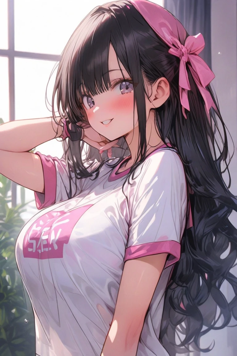 Long black hair. Anime Girls. Asian Girl. Ulzzang. Brown eyes. smile. Pink Dress.、Large Breasts