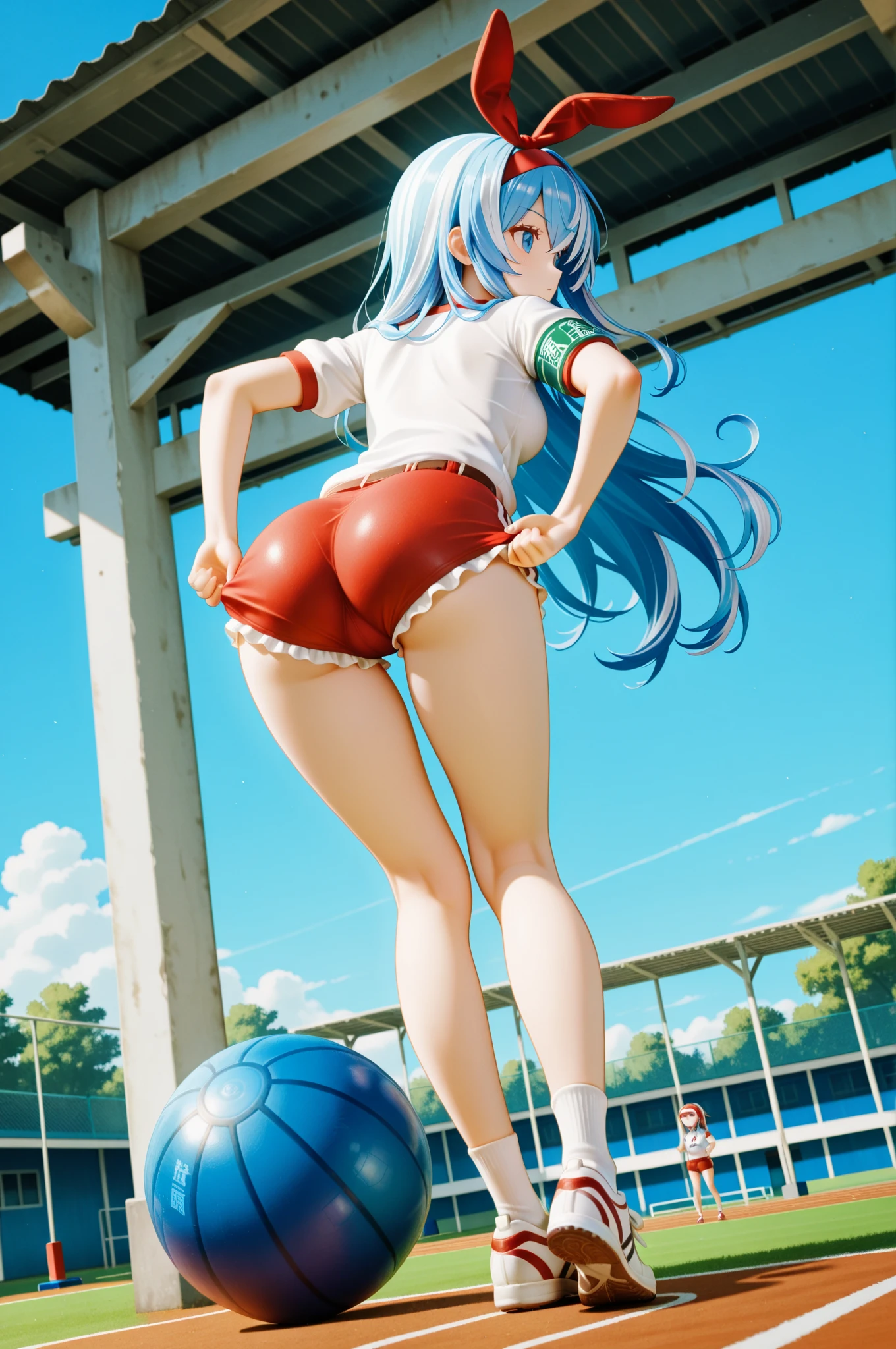 25 year old female, long wavy blue hair、bangs、Blue jersey, plump milk、medium milk, cute smile、(butt sticking out pose)、(looked back)、sexy hips、sports shoes、Parks with lakes、Photo showing the whole body,Deep blue hair with twin tails,1 girl,anime girl,walking