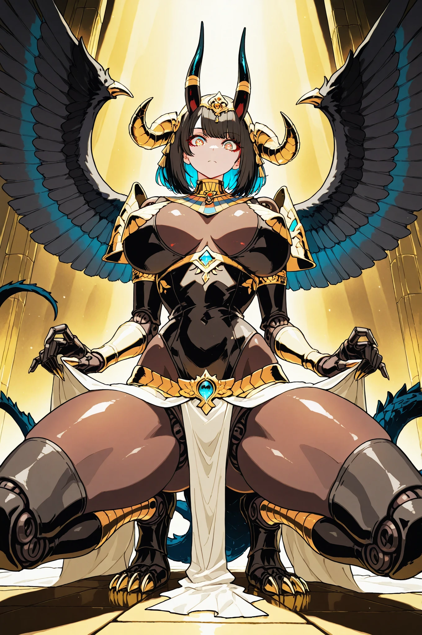 A magnificent and mythical humanoid figure is captured in an intricate and dynamic pose, reminiscent of a futuristic gargoyle or a legendary creature. This character possesses a striking blend of ornate armor and organic features, merging artistry with a sense of formidable power. Its body, predominantly black with a glossy sheen, is accentuated by intricate gold embellishments that trace decorative patterns across its surface. Glowing cyan highlights add a touch of otherworldly energy, emphasizing joints and contours with a neon-like radiance.
The head is adorned with an elaborate, golden headdress featuring curving horns and stylized motifs, evoking ancient Egyptian or Mayan influences. Almond-shaped, luminescent eyes suggest intelligence and mysticism. The figure crouches on metallic claws, poised for movement, while its massive, wing-like structures extend upward, showcasing smooth, wing-like curves edged with golden filigree. The muted background, a swirl of neutral grays, serves to highlight the detailed and vivid central figure, lending an air of timelessness and fantasy.