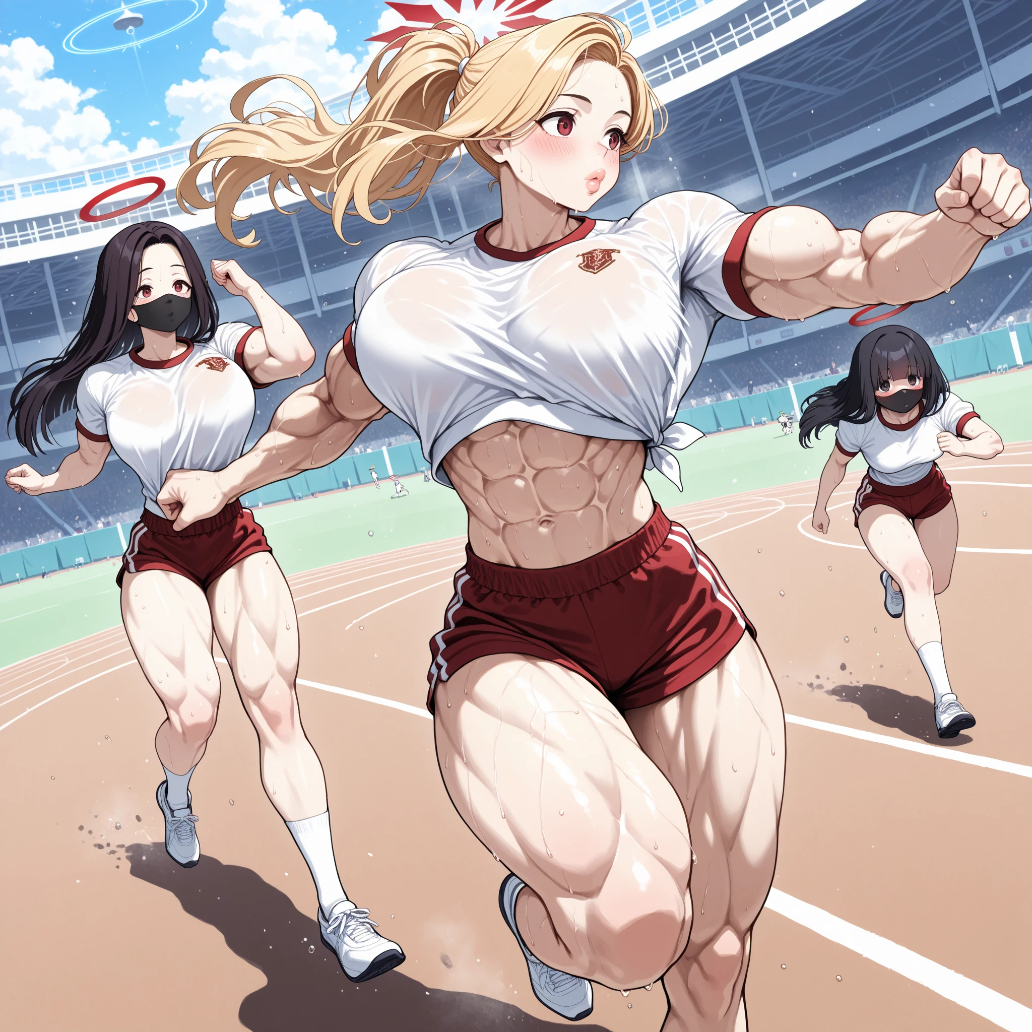 Athletic and super curvy milf, muscle, bimbo, cap, blond hair, sports top, red sports shorts, tiny shorts, parts, tanned skin, sunburn, knee high socks, sneakers, sweating, clothes wet with sweat