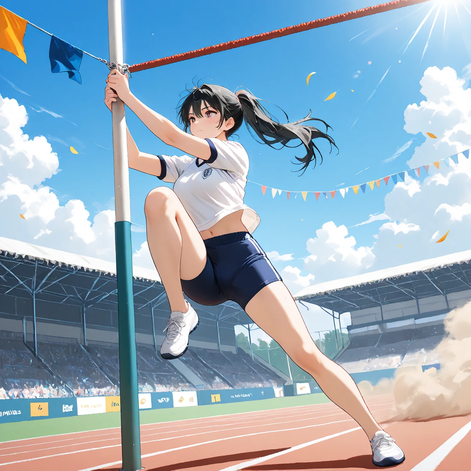 best quality, Good quality, 16K, Unbelievably ridiculous, Very detailed, 2.5D, Delicate and dynamic, Blue sky , tennis,  tennis game，拿tennis shot，Tight sportswear，tennis shot击球，Sweat，Short skirt，sexly的17岁女孩，挥动tennis shot，Olympic，Olympic Games uniforms，Big ，sexly，tennis shot，Headband，Vision，whole body，crowd，A lot of people, Colorful contrails, Confetti, Olympic flag, crowd, audience, A lot of people々, gentlemen.々Race, gentlemen.々age, men and women, gentlemen.々nationality, Many flags