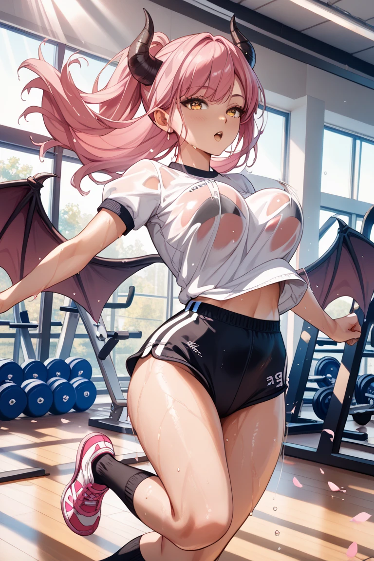 4k, twin tails ,Lens flare, pink hair ,mascara, eyeliner, god rays, 4k, 8k, best quality, masterpiece, hyper detailed, intricate detail, 1girl, solo, detailed, Detailed fuschia hair ++, detailed pink eyes ++,  raytracing, perfect shadow, highres, enhanced eyes,  huge breasts, horns, succubus wings, succubus, womb tattoo,  evil grin, narrow eyebrows, seductive, fangs, hyper detailed, interesting background, , detailed face, detailed clothing. volumptuous, colourful background, gym clothes, sneakers, detailed gym top with logo, detailed gym shorts, gym jacket