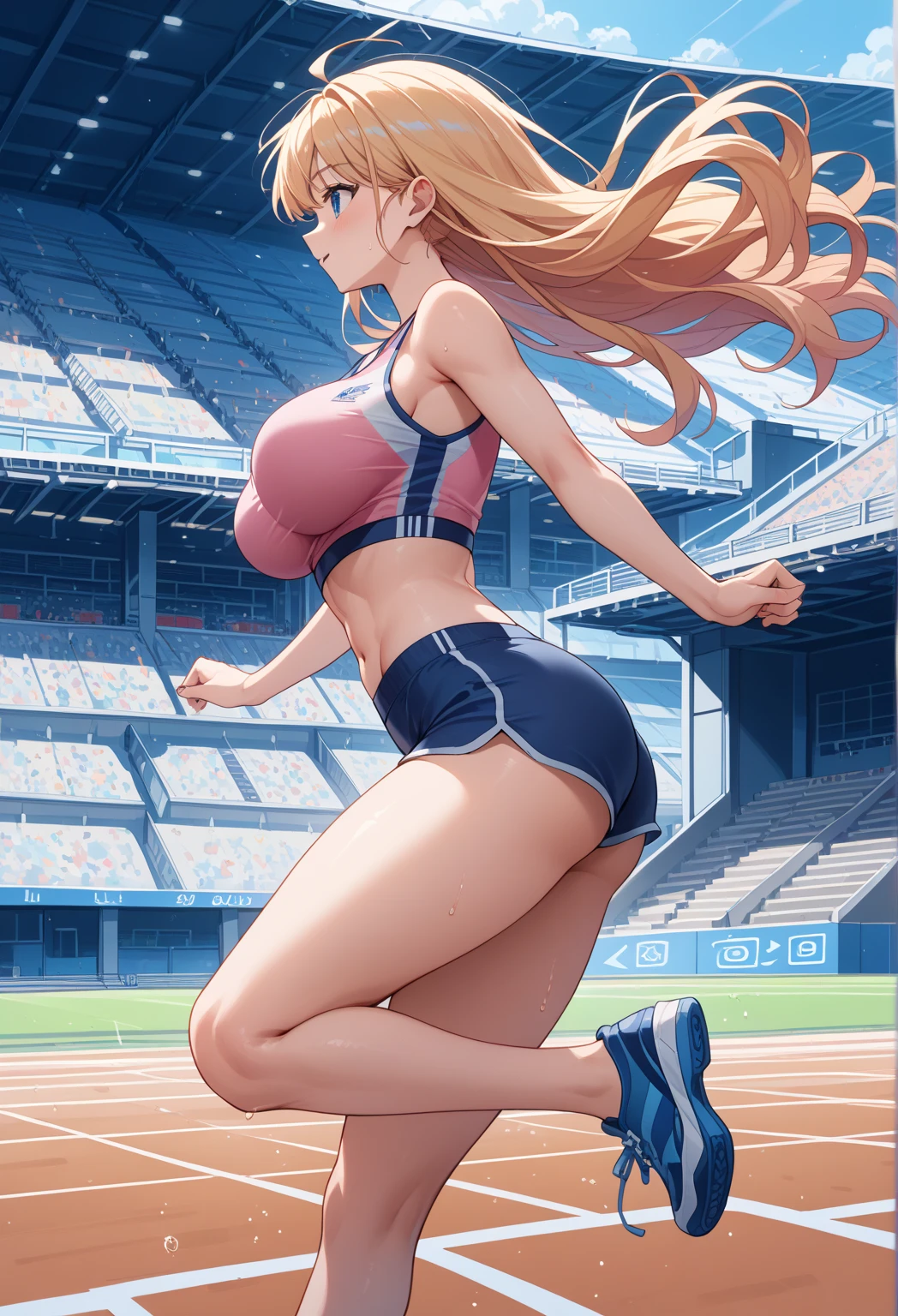 beautiful blonde woman, perfect body, long hair, sportswear, on an athletics track