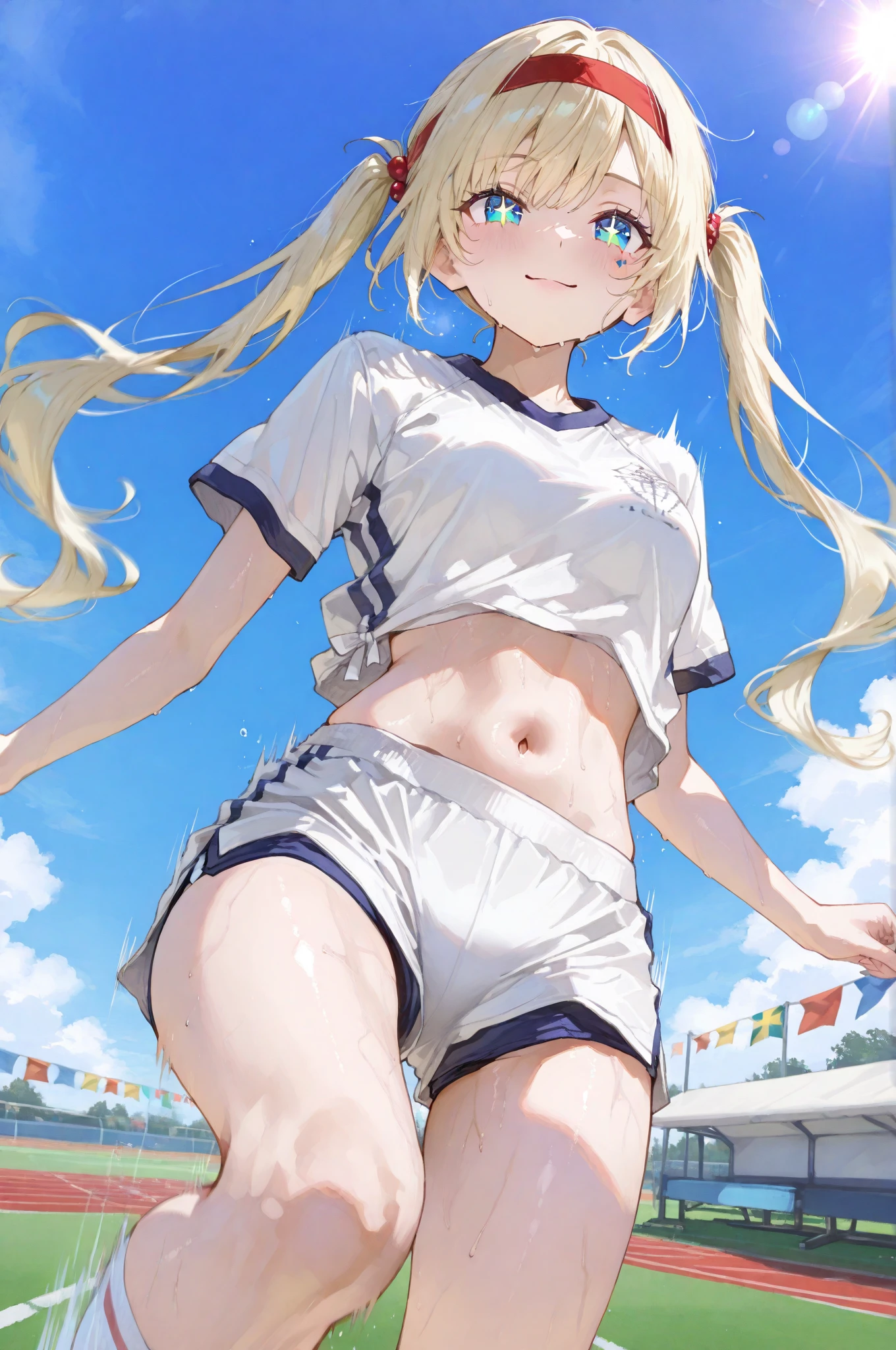 femele,1Child 0 years old,Golden head hair,sports wear,Sportsbra,shortpants,Side Up Ponytail,Blue eyes,through,Mansuji, are see-through,small tits,Leaking pee,The crotch is wet
