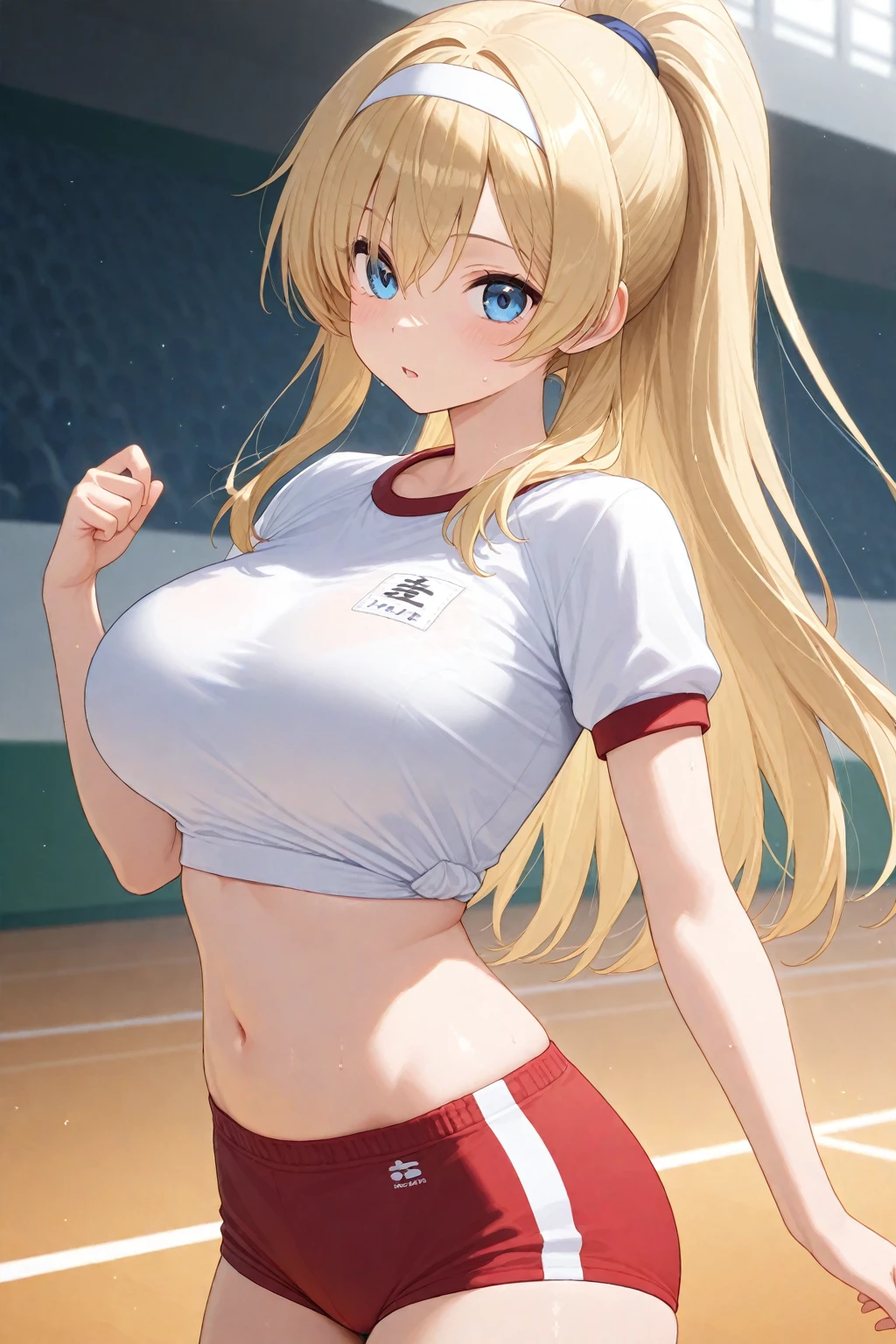 yanmiao2,1girl,solo,bangle,multicolored hair,wariza,shy,blush,masterpiece,best quality,<lora:add_detail:0.4>,navel,shorts,smile,red shorts,looking at viewer,cleavage,blush,bulge,huge breasts,very long hair,sportswear,collarbone,holding,volleyball,thighs,ball,bare shoulders,sports bra,short shorts,holding ball,futanari,midriff,(covered nipples:1.1),nsfw,(cameltoe:1.1),, masterpiece, best quality,