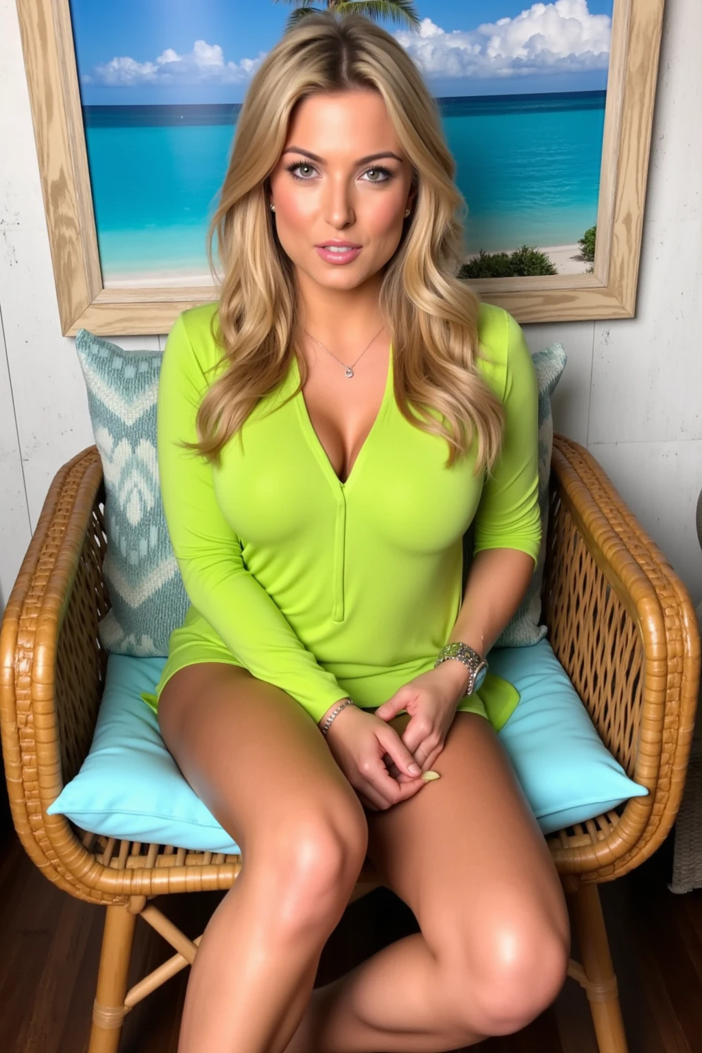 (8K, RAW photo, highest quality, masterpiece:1.3), (realistic, photo-realistic:1.3), 1 girl, (cute:1.3), (small breasts:1.3), (sunlight), (sunlight), shade, (looking at the viewer:1.3), short hair, (earrings), closed mouth, Ulchan-6500-v1.1:0.5 Green Wool Skirt