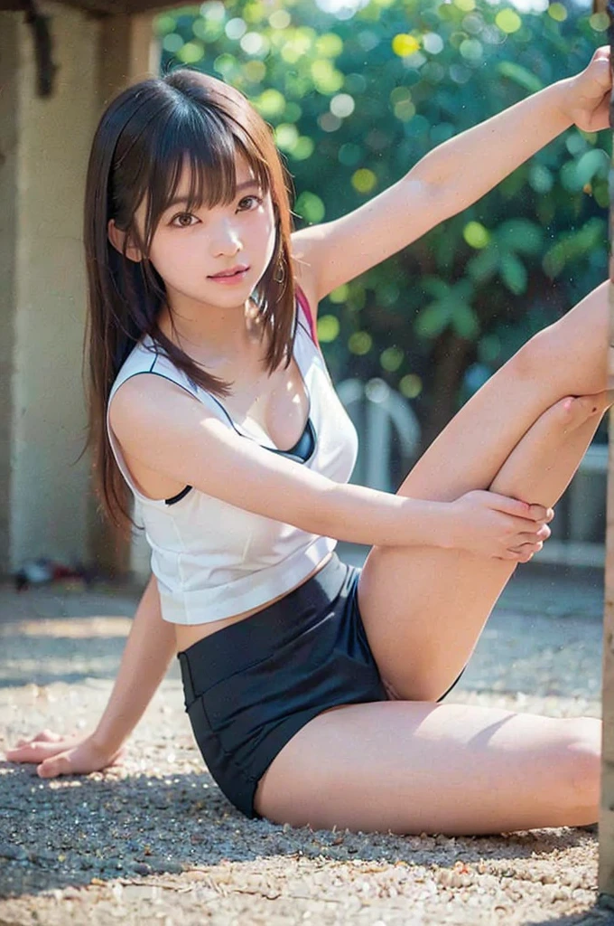 (masterpiece, highest quality:1.4), Award-winning portraits, 8k, 85mm, alone, Beautiful Face, Delicate girl, (On the grass), Sophisticated, cute, 15 years old, RAW Photos, Confused, High resolution, Sharp focus, Background blur、(((Flat 、thin and delicate body、Childish atmosphere)))、shiny semi-long hair、ponytail、Small mole on the left cheek、 Dark brown eyes、Hair swaying in the wind、sexy、Flexible legs、Simple gym clothes without text、Run、Jump