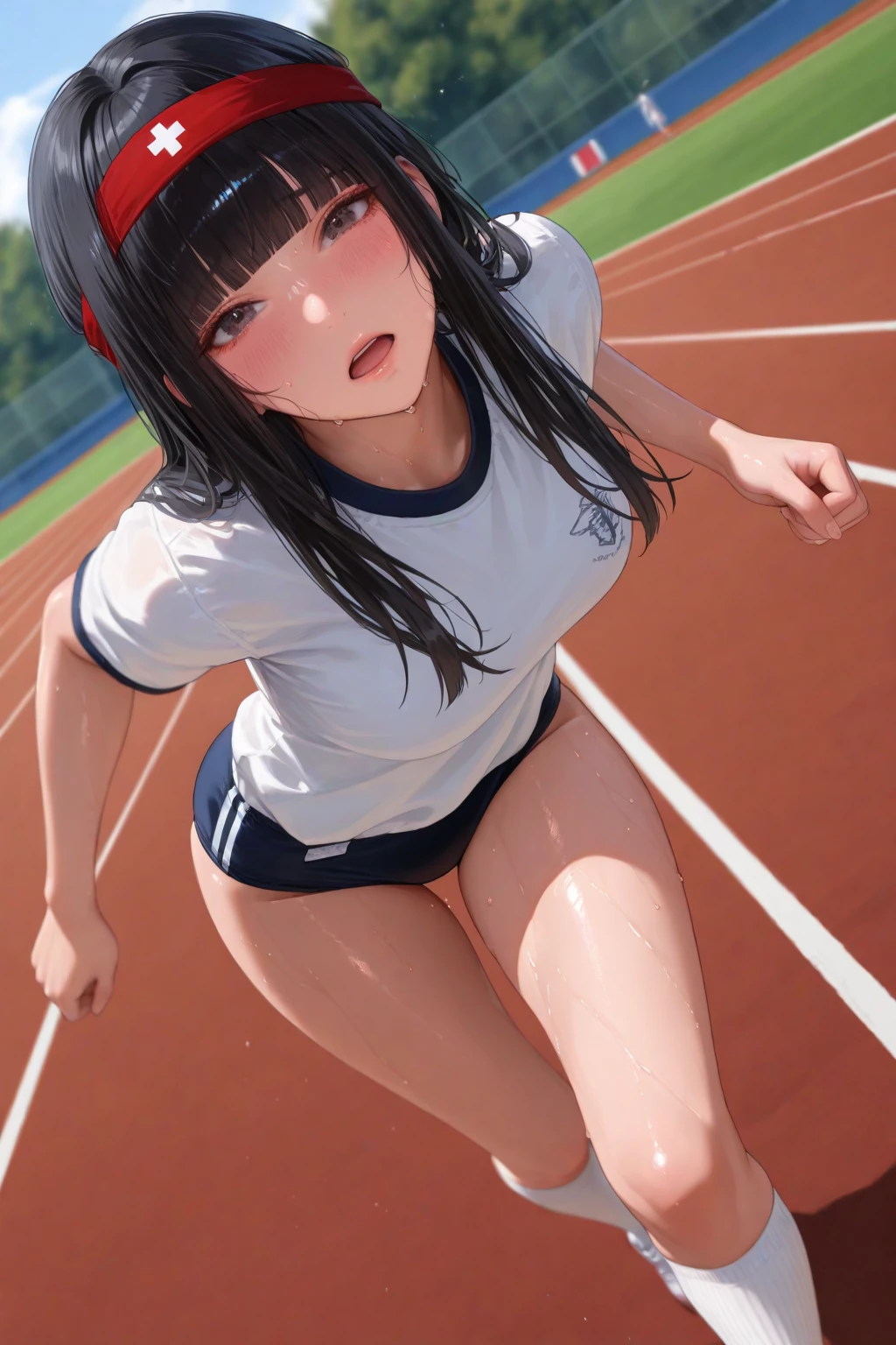 muste piece、masterpiece、highest quality、Super detailed、High resolution、8K portrait、High definition CG of Unity 8k wallpaper、cute type little:1.5、Lori:1.5、Highly detailed CG unity 8k wallpaper、Realistic、real person、 portrait photography、shiny skin、High definition、(16 years old:1.2)、(1 girl)、beautiful clear eyes、extremely detailed description、delicate face、nice lips、slender body、medium breasts、thin waist、thin legs、(Atlantic stadium track:1.6)、1 girl, cute type, perfect face, seriously, (blush:1.5),(black hair bun hair:1.3),(medium breasts:1.4),((short sleeve gym clothes:1.2)),((clothes lift:1.5)), ((half nude:1.3)),((climax in vagina:1.5)),(looking at view:1.2),(from front:1.2),gran,(take a pose:1.2),(wearing shoes:1.2)