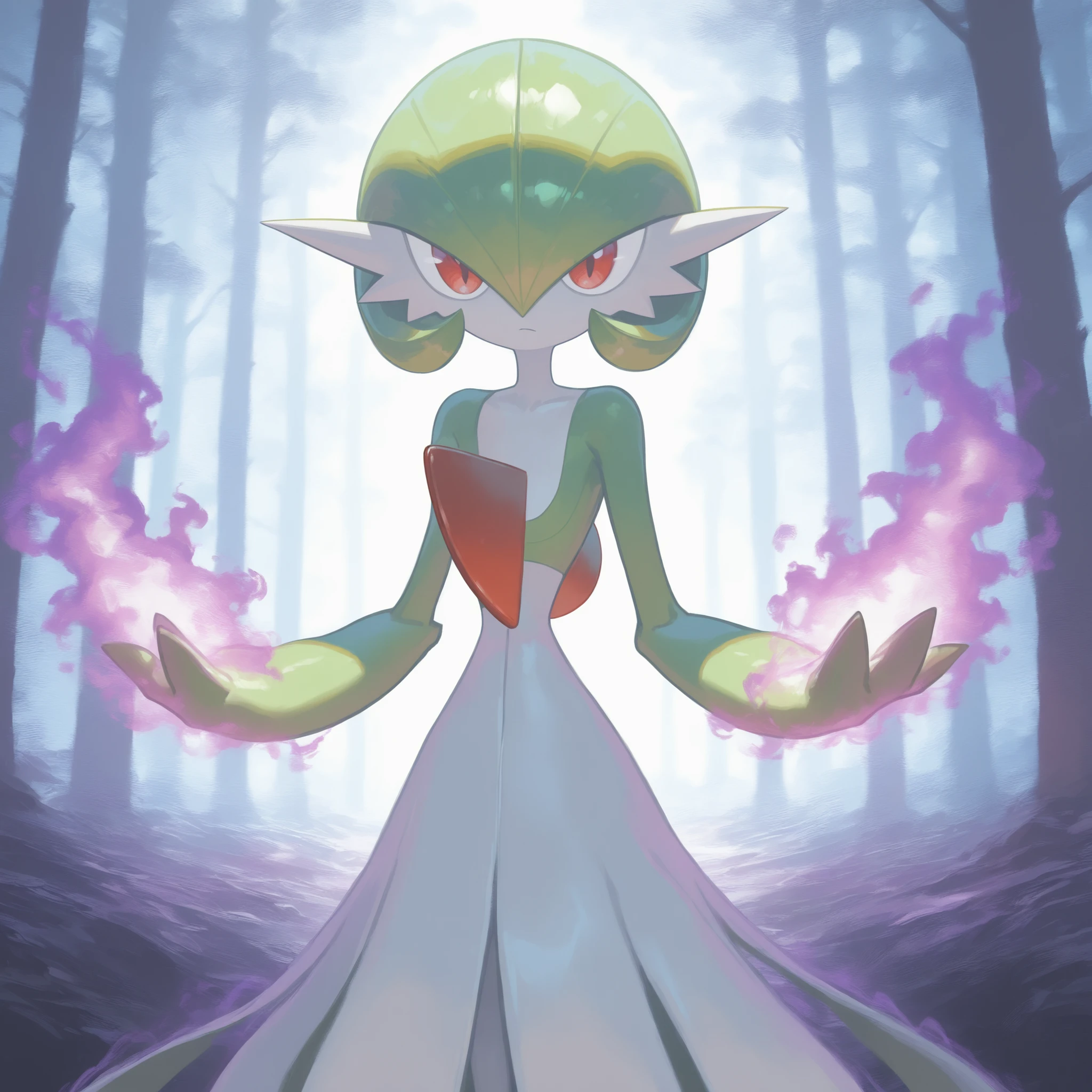 masterpiece, ultra-HD, impressionism, high detail, best quality, very aesthetic, 8k, best quality, beautiful, Gardevoir, 1girl, solo, white skin, green hair, short hair, red eyes, white dress, pokemon (creature), red crest on chest, green sleeves, flat chest, narrow waist, petite, serious, cute, extending her hand to the viewer, purple aura, psychic aura, holding magic, standing, looking at the viewer, forest background, front view 