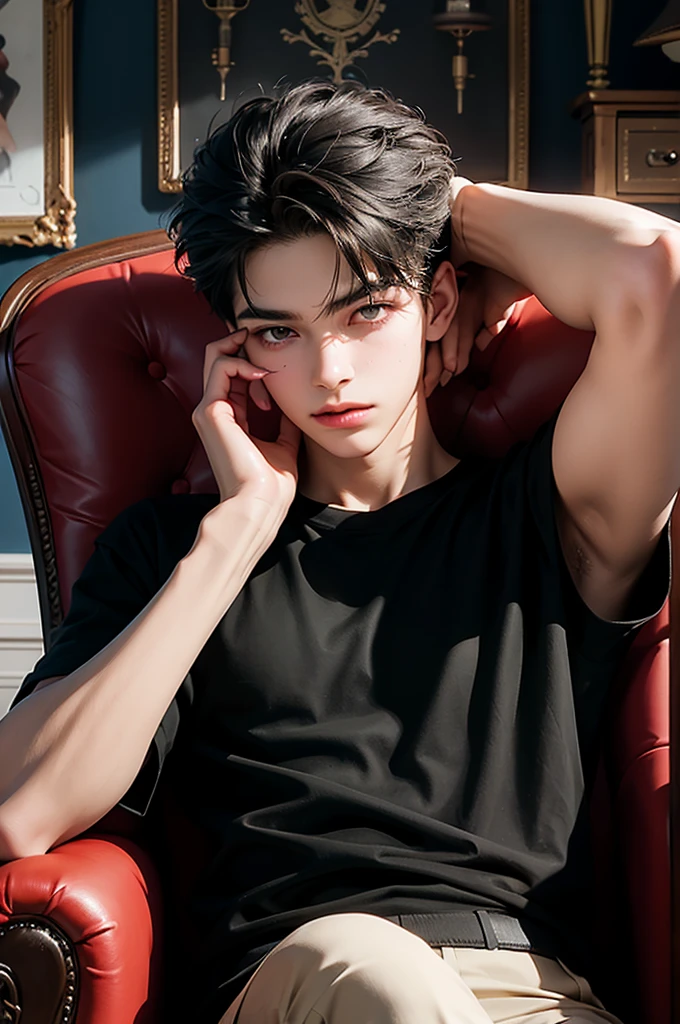 Far angle showing a black-haired boy with his arms full of tattoos and grey eyes, sitting on a chair half reclining, He has an open button-down shirt, one hand with three rings in her hair and the other is in her lap