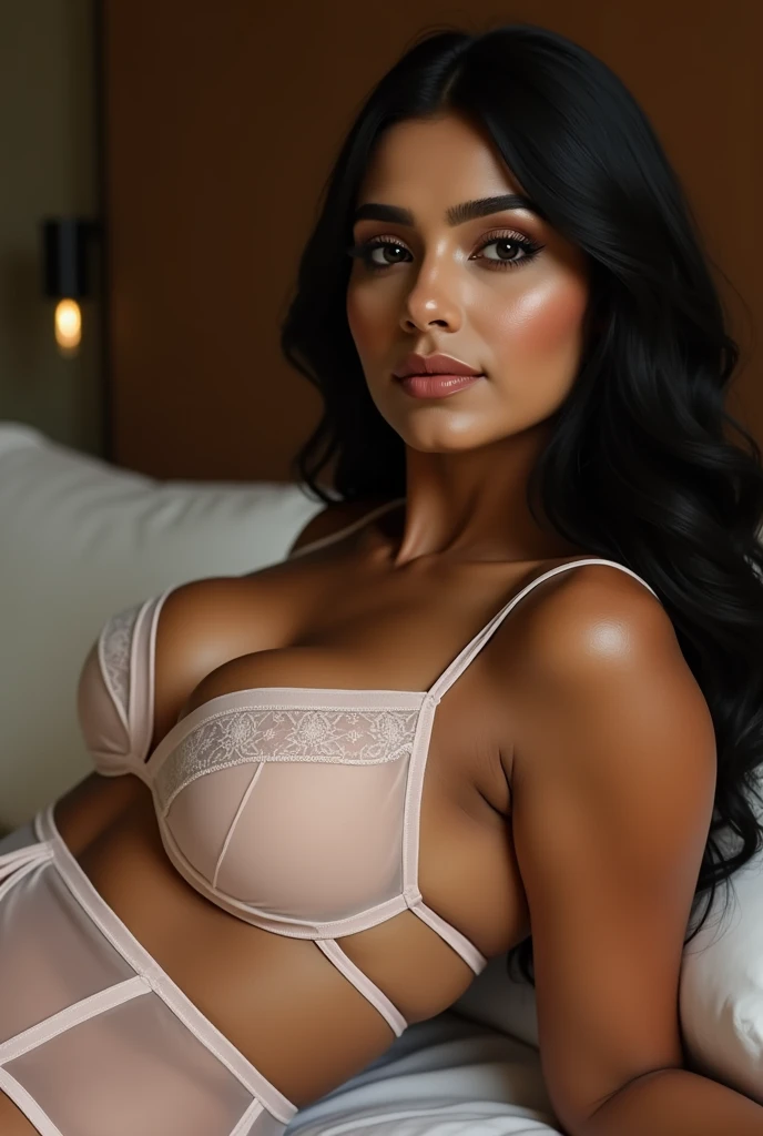 woman age 30, Indian, long straight hair black, big ass, curvy ass, big boob, big thigh, pink panty, pink bra, front view