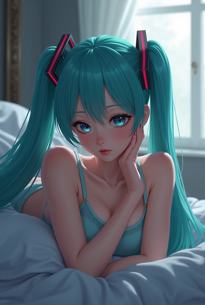 (Hatsune Miku), (seductive), (cute), cute color costume, big tits, in bedroom, anime style, lying down