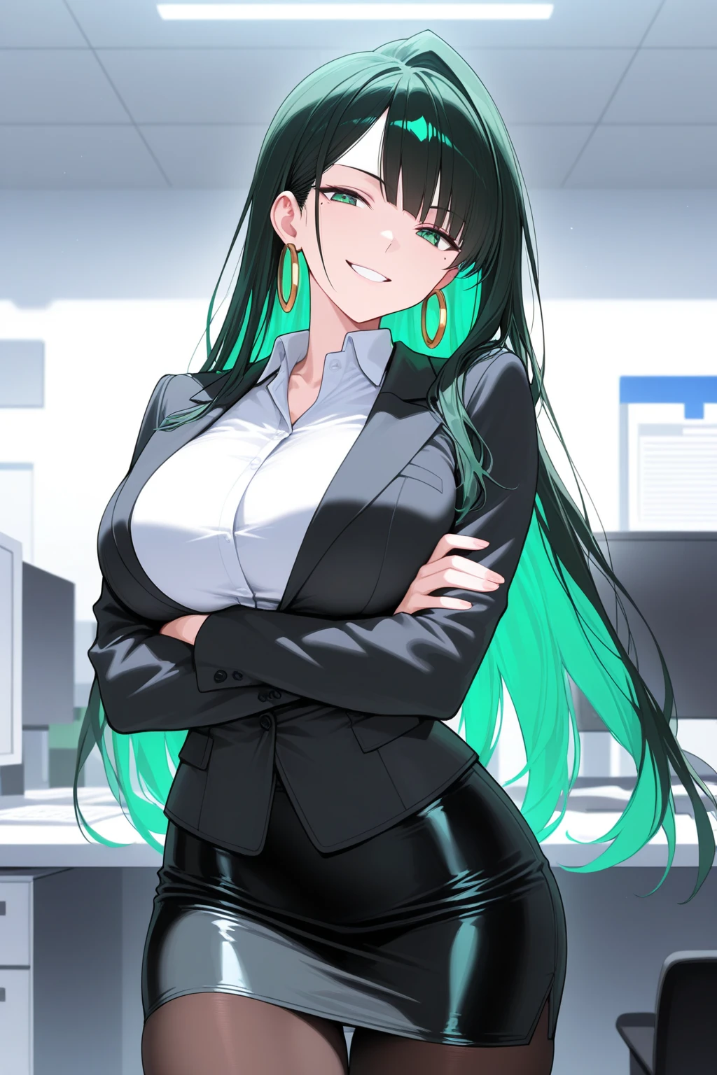 A tall, big-breasted young woman wearing colored underwear, with very long black pubic hair, light green hair, light green eyes, wearing a black suit, a short office skirt, and black high heels.