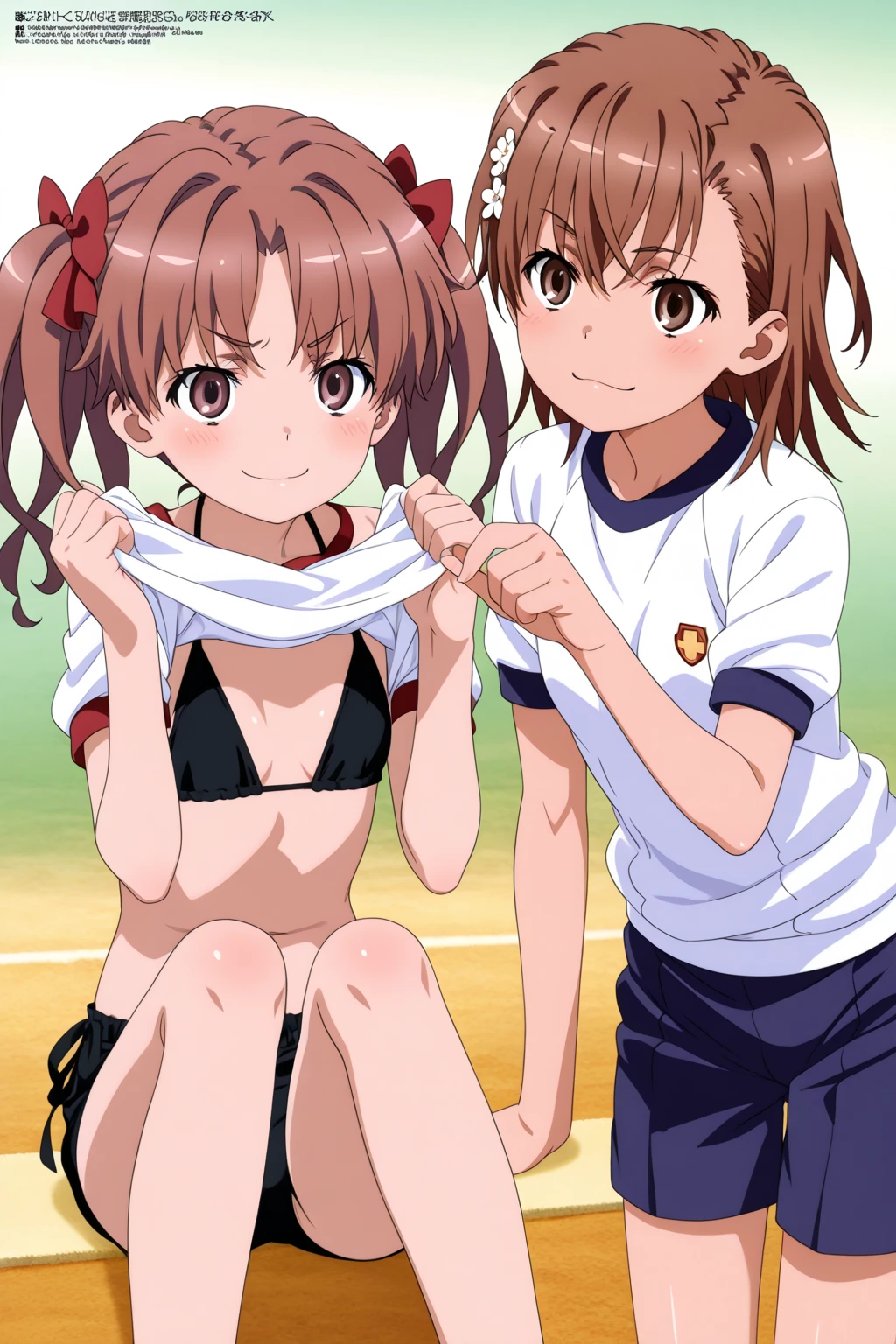 Highest quality:1.5, High resolution, uhd, 4K, Detailed lighting, Shaders), NSFW Misaka Mikoto,short hair　Brown Hair　Brown eyes　Cool face　　Black latex shorts　Sports bra with a small area　Realistic sun rays　 Beautiful park　(((topless)))++ sit　blush