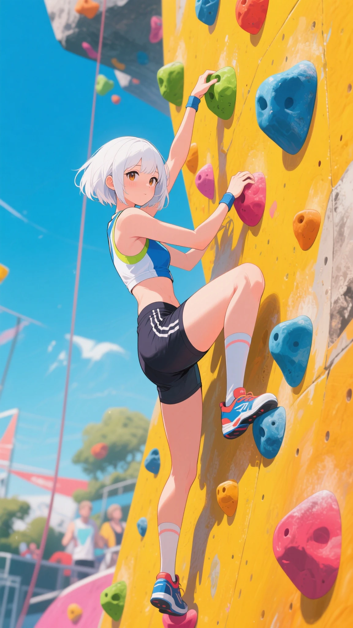 sports theme,1girl, athlete body, medium breast, cleavage,( silver short hair), disheveled hair, flipped short hair, long sidelocks, blue eyes, slanted eyes, Heavy eye shadow, flat chested, long ahoge, ( dark skin:1.2), ( looking up:1.3), sports climbing, ( lead climbing:1.5), climbing wall, hold the climbing wall, stand on wall stance, bouldering gym, indoor, climbing shoes, wearing the climbing harness with a climbing rope on harness, climbing rope connects from harness to the top of the wall, logo sports bra uniform, (masterpiece: 1.2), (best quality: 1.2), sharp focus, illustration, ultra-detailed, ( realistic background:1.3)