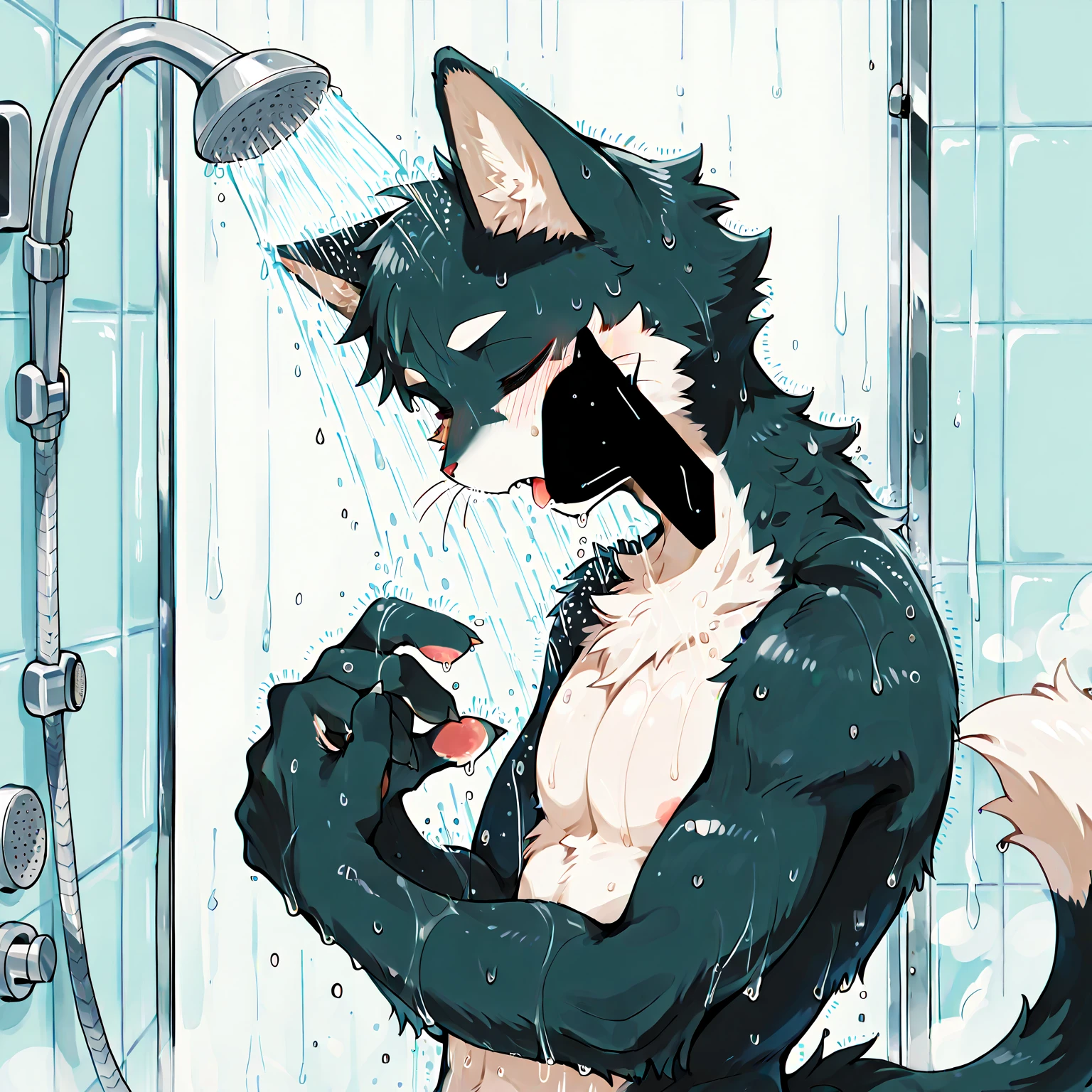 Wolf boy, young style, small boy, naked, erection, spasm, trembling, quivering, trembling, writhing, nipples, anime style, alone, intense, whole body, sweaty, spasmodic orgasm, back visible, feeling, full color, shower room, dynamic angle, furry, grey fur, beastman, furry, tail, arching back, , back view, aneros, insertion