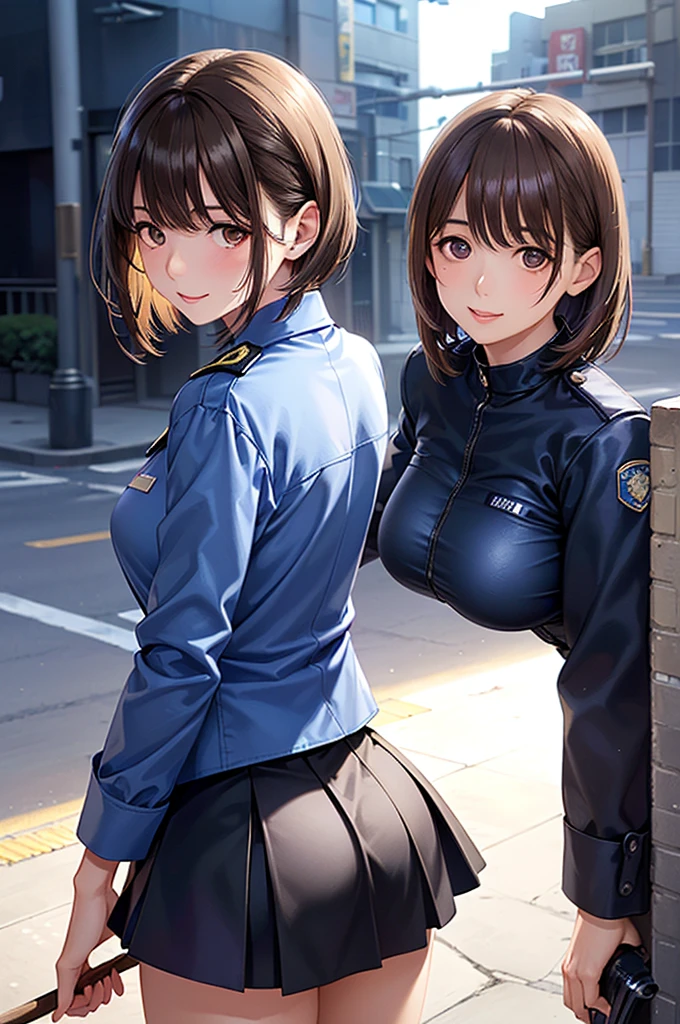 （8K ，Ultra-detailed，Super real photos，Best masterpiece，Nature，perfect work of art，perfect female body），two women，Sister and sister， sisters，rainbow hair，（huge tits），neighbor wife，woman hairstyle，elegant wife，At the police station，Exquisite and ，wearing police officer uniform，police uniform，super short thong，穿着低胸露肩police uniform，T-shaped small，huge  big，naked leg，full body shot，elastic muscles，raised raised raised，Obscenity exposed ，