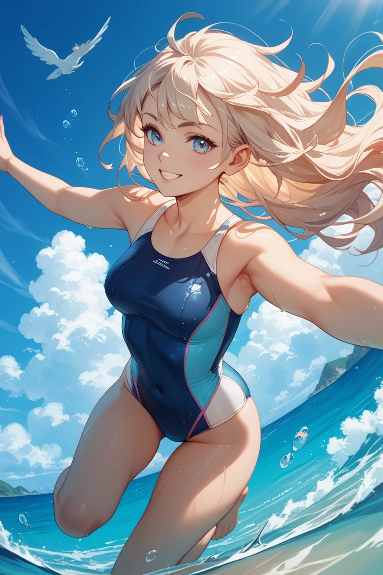 masterpiece、highest quality、High resolution、Two realistic girls、Competitive swimmer、Close-up of a person、Wearing a light blue bodysuit、During Competitive swimmerics competitions、smile、Swimming Venues、Sexy competitive swimsuit 
