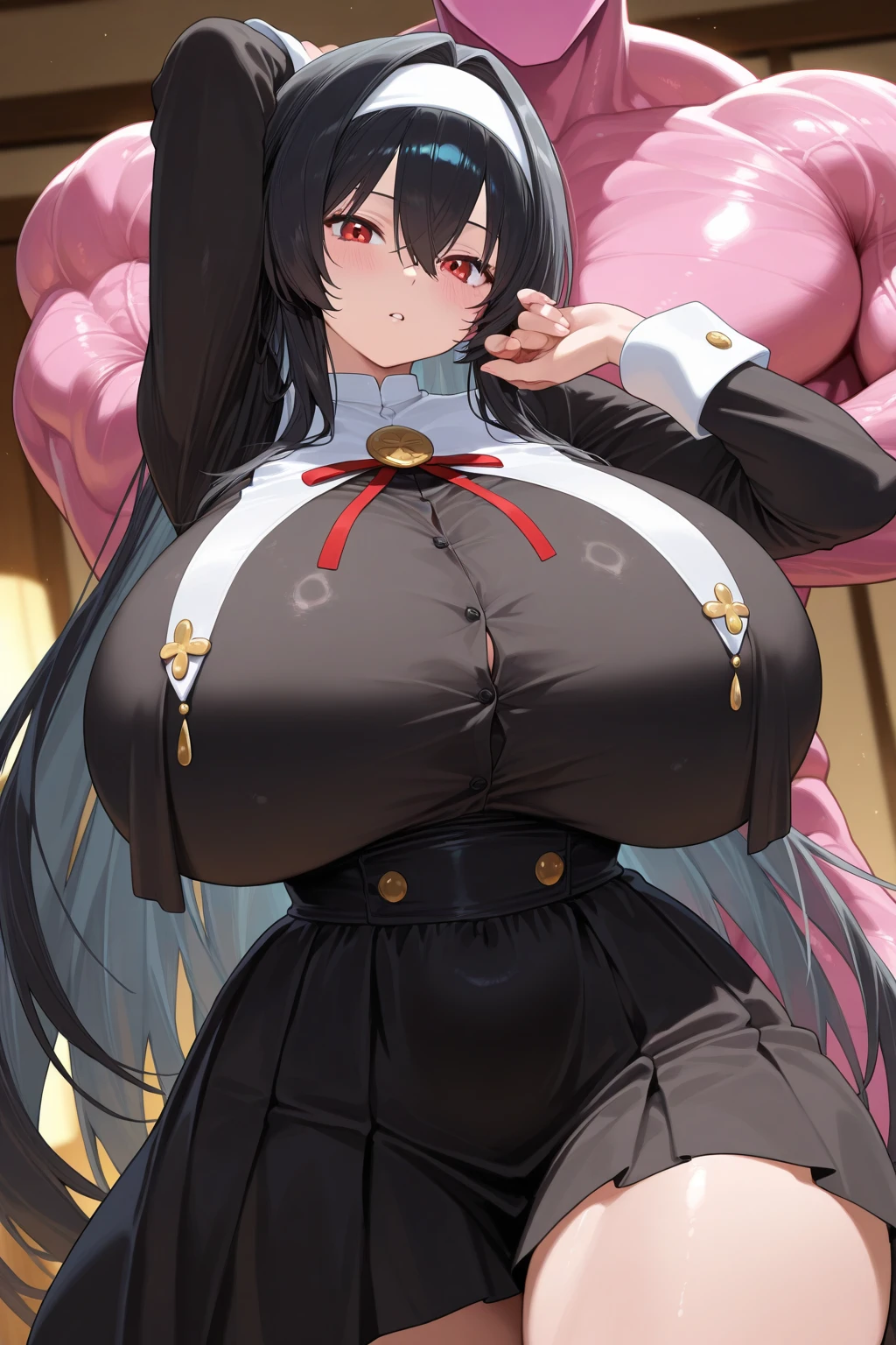 <lora:Morag:1> morag, 1girl, black hair, brown eyes, military uniform, hat, pauldrons, shoulder armor, white gloves, (Masterpiece, Best Quality, Highres:1.2), Detailed, Intricate Details, 4K, solo, cowboy shot, high rating, (gigantic breasts:1.2), sexy, smile, dynamic pose, looking at viewer, cleavage, deep cleavage, thicc, thick thighs, wide hips, skindentation, tight clothes, simple background, <lora:chomikuplus_style:1>, Chomikuplus Style