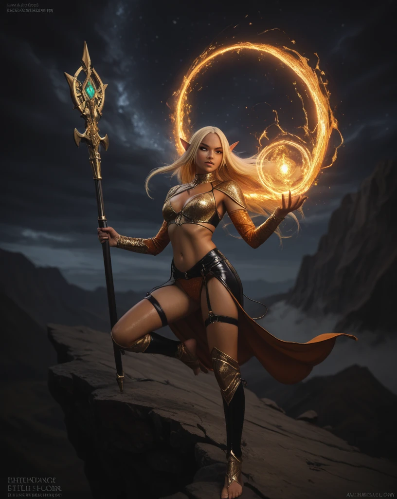 Woman with fire and ice, beutiful blonde, high quality, dress, gorgeous, firey, awesome, stunning, standing with hand up, threatening, pretty, signora, la signora, crimson witch of flames, red, fire , cool