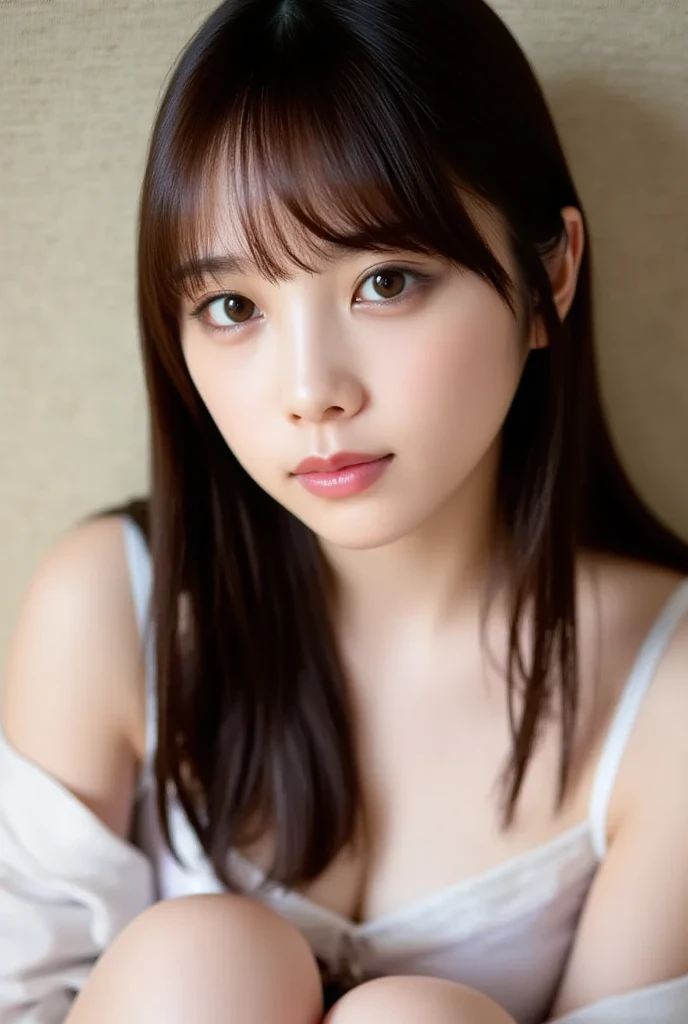 (Highest quality:1.28K, Sharp focus, Completely naked, masterpiece: 1.2, Natural light, Highly detailed CG, beautiful girl:1.2, reality, Detailed facial textures, Realistic Skin, Beautiful Makeup, Octane Rendering, grow, fine bangs)), (Depth of written boundary), Bokeh Background, smile, Long hair with detailed, vibrant two-tone brown and silver coloring, Cowboy Shot, Her embarrassed expression as she begs for sex is cute、Beautiful, sculpted figure、Moistened skin with lotion、Highest quality, Super detailed, cute, Childish expression, Lovely, She looks at me with a sexy expression that says she wants to be held.、, Very sexy face), She has very beautiful big eyes, Very beautiful skin, Very beautiful long eyelashes, Very beautiful lips, Hairy pubic hair、Pubic hair is coarse、Sweaty、Temptation Pose、Tears and confusion、Breasts are beautiful、For plump, moisturized skin、Her plump thighs are revealed、Small bust size、