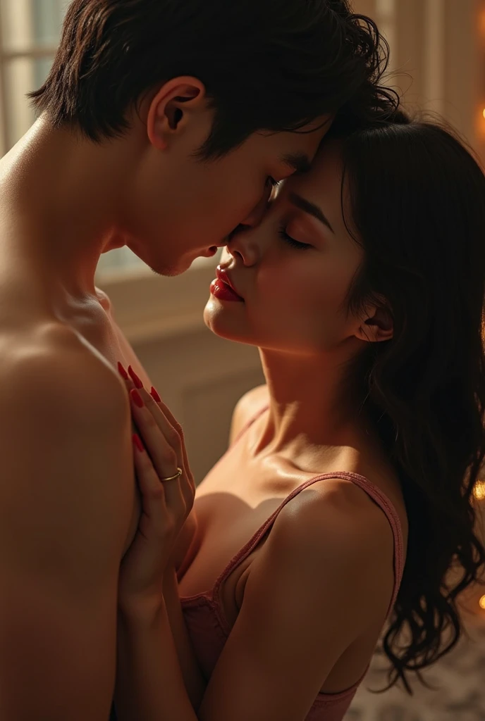 a romantic intimate encounter between a man and woman in an attic under the moonlight, extremely detailed eyes, lips, and faces, realistic, high quality, เปลือยเปล่าท่อนบน, portrait style, soft warm lighting, mystical atmosphere with shadows and dust, nostalgic antique furniture, comfortable sofa, whispers of love, gentle touch and embrace, topless, stars in the night sky, chiaroscuro, ท่อนบนไม่สวม, ท่อนบนเปลือย, cinematic, dramatic lighting, moody, atmospheric, intimate, sensual, romantic, passionate, tender, moonlight glow, natural skin tones, detailed fabric textures, elegant poses, intricate details, photorealistic, volumetric lighting, dramatic shadows, mystical, dreamlike