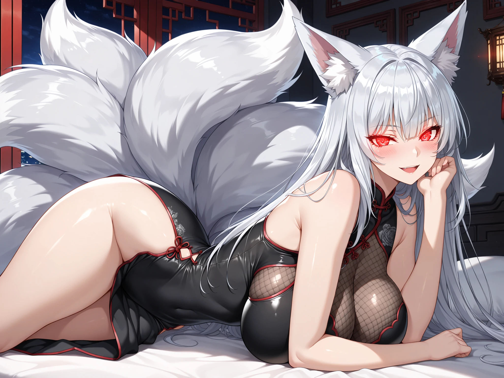 An adult woman half fox and wolf, wide breasts, red eyes, white hair, very sexy, roupa íntima, very shy