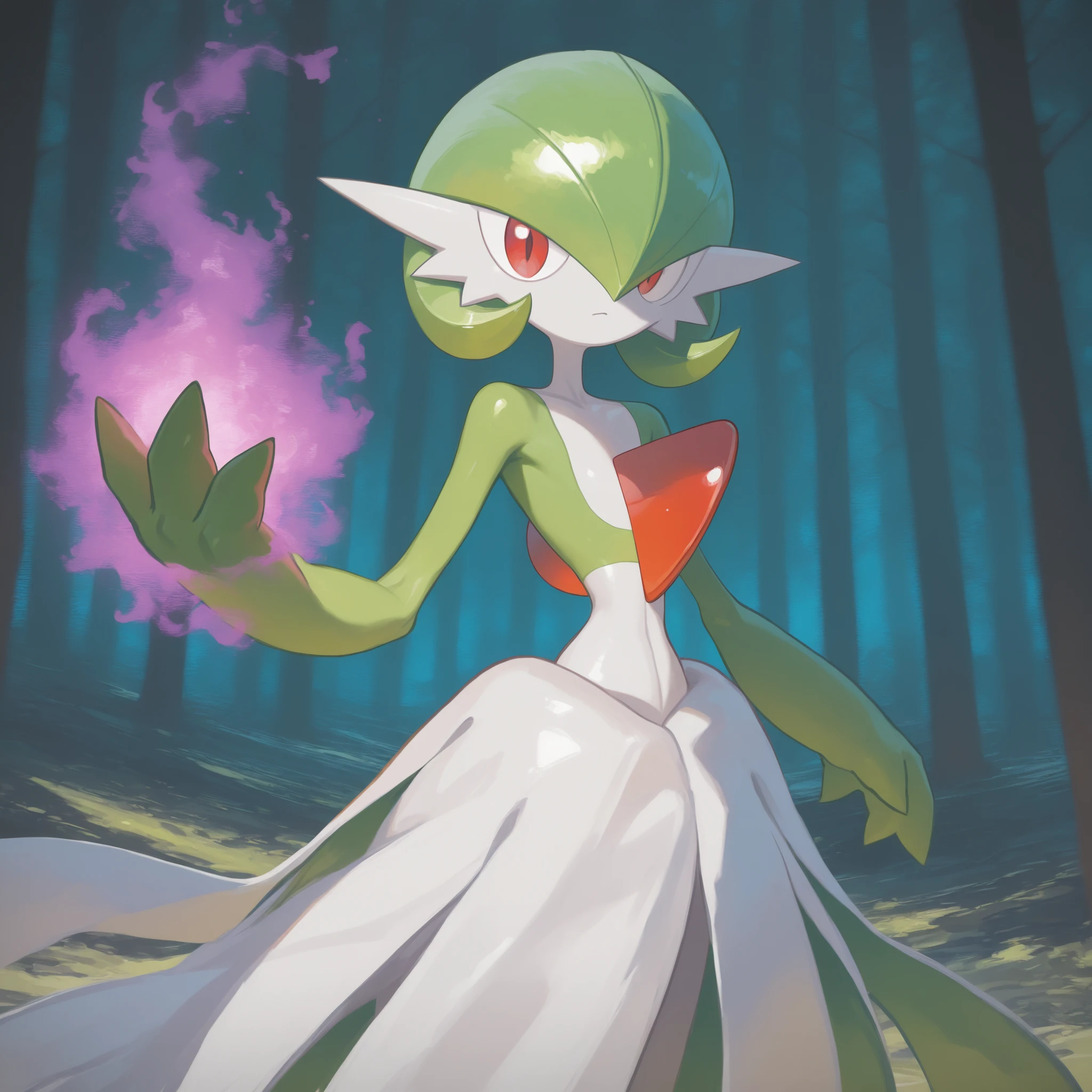 masterpiece, ultra-HD, impressionism, high detail, best quality, very aesthetic, 8k, best quality, beautiful, Gardevoir, 1girl, solo, white skin, green hair, short hair, red eyes, white dress, pokemon (creature), red crest on chest, green sleeves, flat chest, narrow waist, petite, serious, cute, extending her hand to the viewer, purple aura, psychic aura, holding magic, standing, looking at the viewer, forest background, front view 