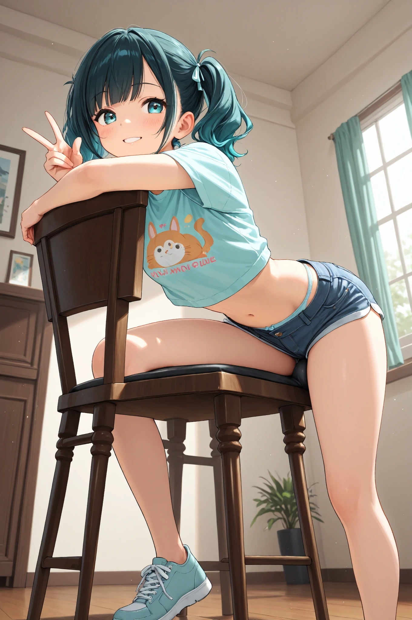 masterpiece, highest quality, High resolution, Dragon Ball, Blue Mid, aqua hair, medium hair, dull bangs, red hair band, medium breasts,Tuck up your shirt、pencil skirt, denim mini skirt、embroidered panties、embroidery bra、spread legs、sneakers、loose socks、whole body、cowboy shot, indoors, sitting, have a cup, coffee, looking at the viewer,