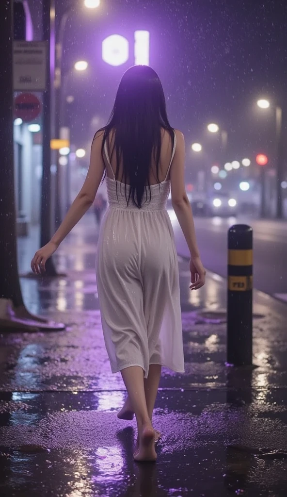 (((masterpiece))), (((Highest quality: 1.4))), ((Super detailed: 1.4)) ,
Woman in maxi dress, turn around, Detailed face, Beautiful Eyes, Walking without noticing the camera, In a city where heavy rain is falling, Wet with rain, Hips, soakingwetclothes