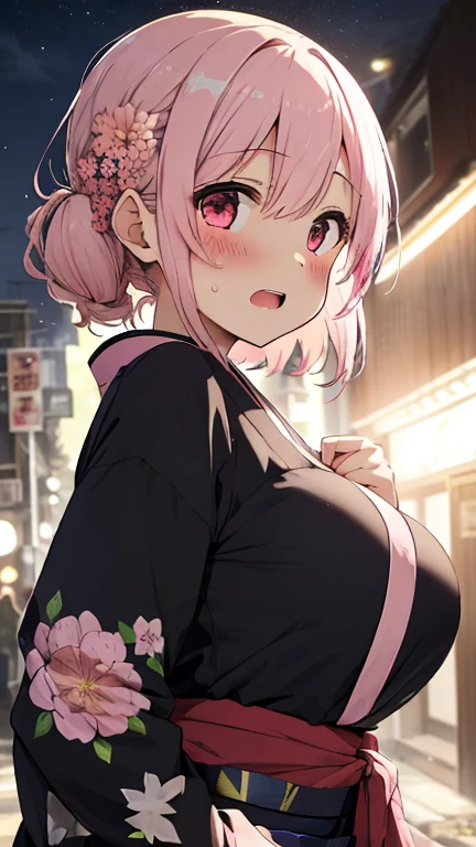 NSFW, best quality, ultra-detailed, walking , (1 woman:1.4), (solo:1.4), (Liz 32 years old with wavy pink medium hair and medium-large breasts and light brown eyes, :1.3), (makeup:0.8),medium wavy pink hair, looking looking at viewer, medium-large breasts, shopping street, summer, (sweat.1.2), cicada, ,at Japan, cicada,