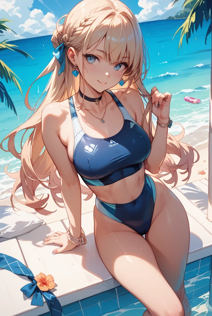(masterpiece、highest quality、Super detailed)、1 adult lady、Perfect hands、Perfect Fingers、Five fingers、Perfect legs、blonde long hair、Glowing Skin、((brown skin:1.5))、Mid-chest、((Swimwear))、barefoot、very thick leg、lying、midriff peek、Bangs between the eyes、(Big round eyes:1.4)、(light blue eyes:1.4)、smiling、Pink Lips